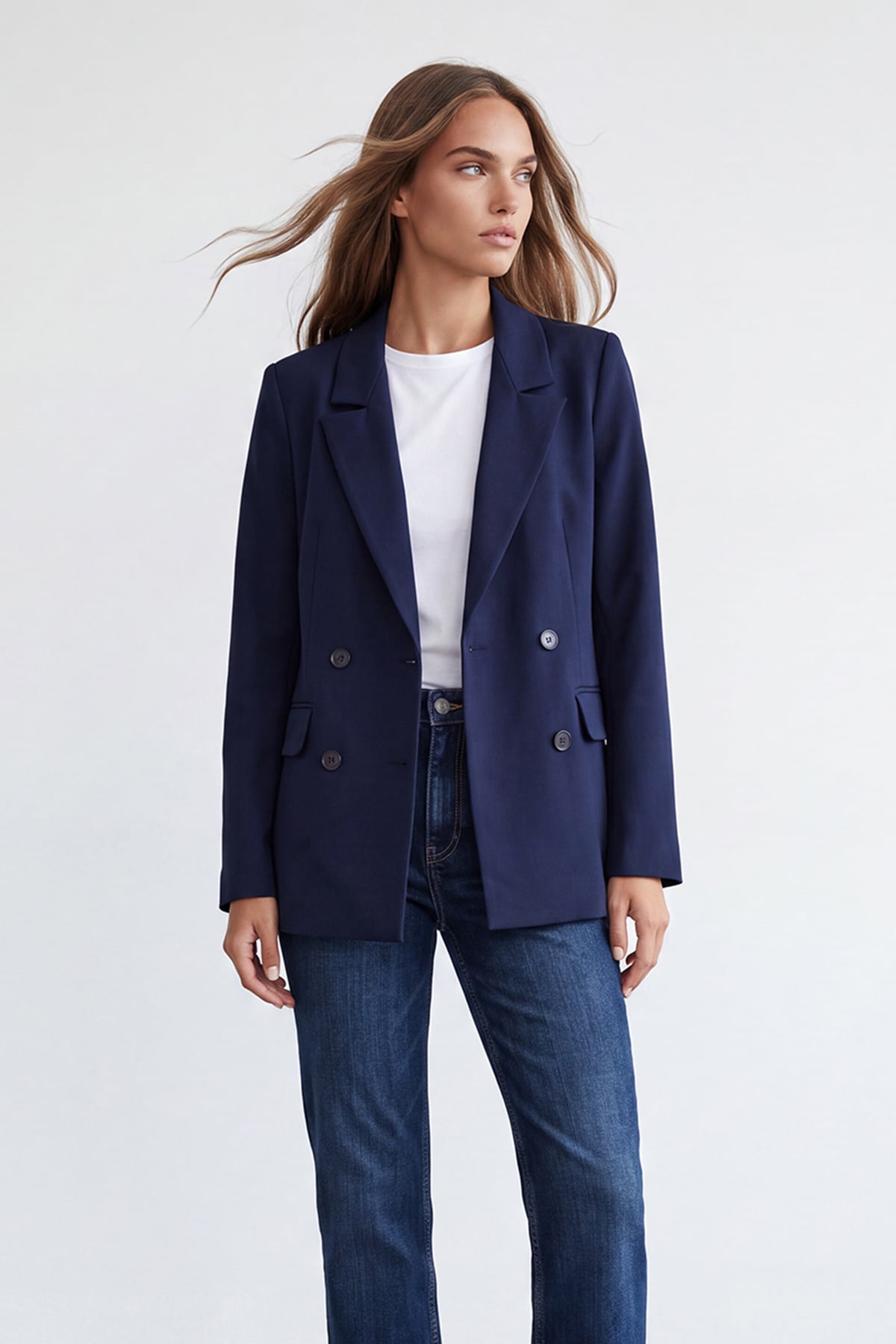 Kadın Lacivert Kruvaze Yaka Düğmeli Blazer Ceket Alc-X15732