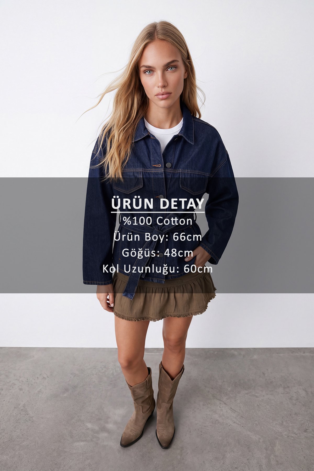 Kadın Lacivert Kuşak Detaylı Çıtçıt Kapamalı Denim Ceket Alc-X15652