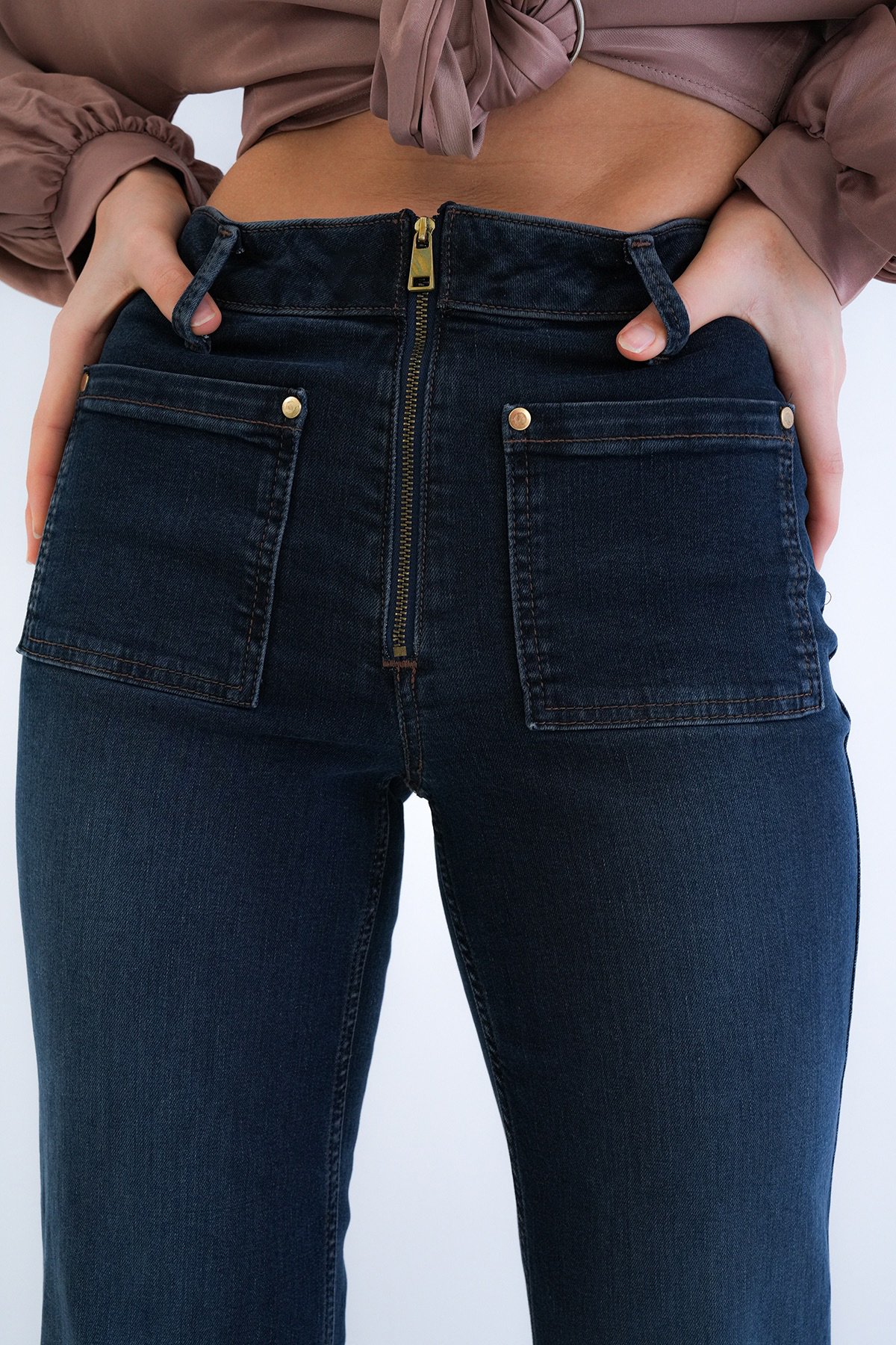 Kadın Lacivert Likralı Fermuar Ve Cep Detaylı Yıkamalı Jean Pantolon Alc-X15288