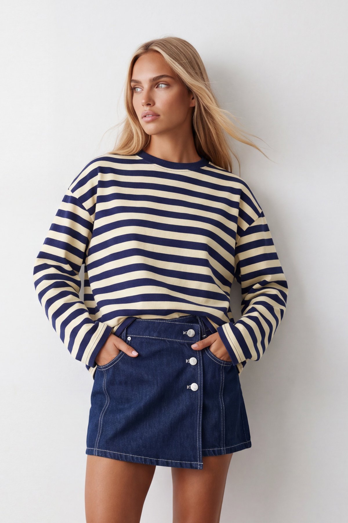 Kadın LACİVERT Ribana Bisiklet Yakalı Çizgili Oversize Sweatshirt ALC-X15870