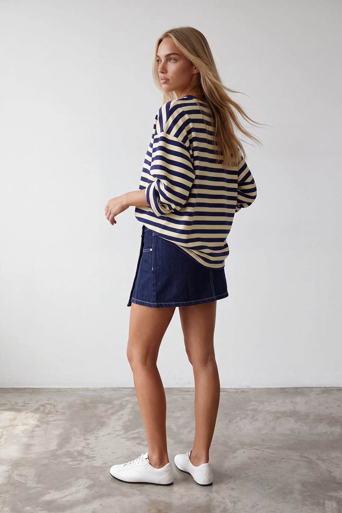 Kadın LACİVERT Ribana Bisiklet Yakalı Çizgili Oversize Sweatshirt ALC-X15870