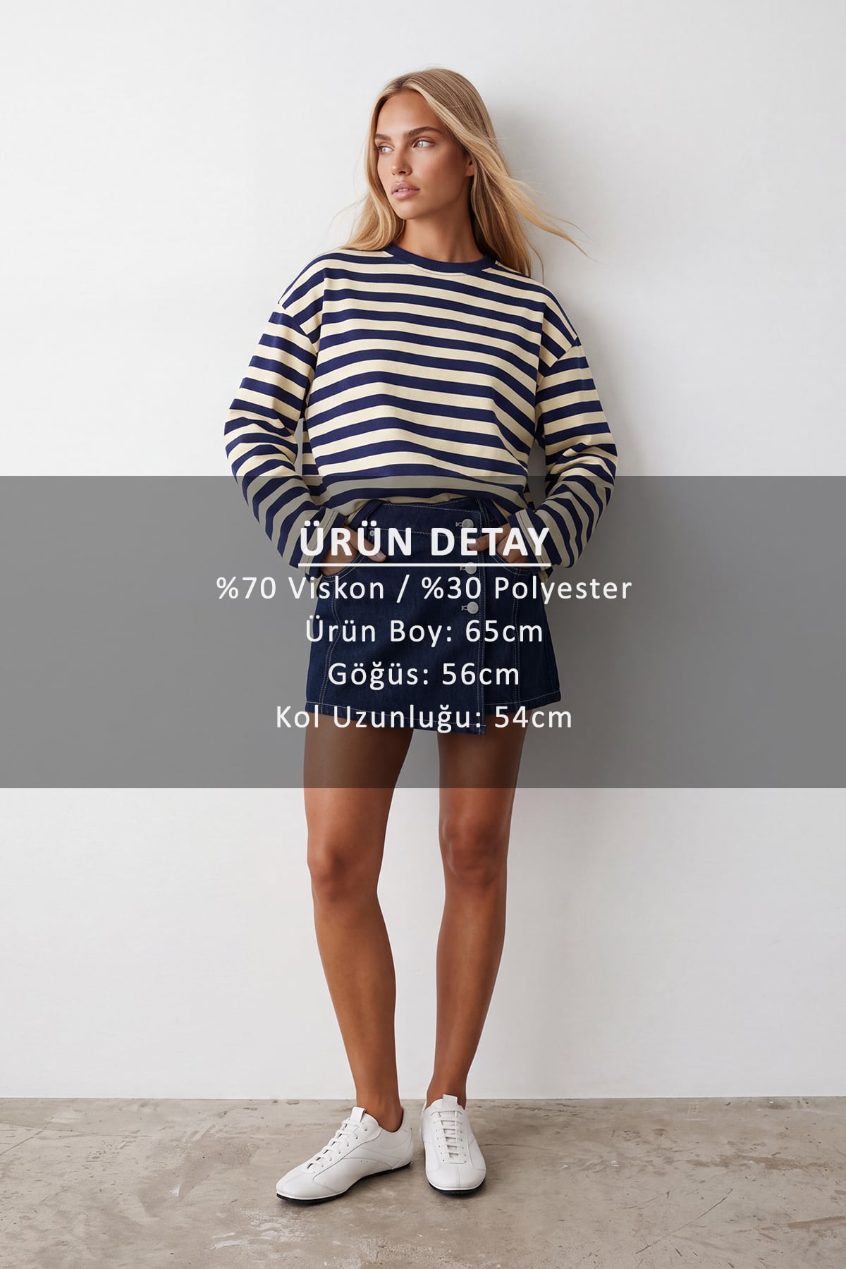 Kadın LACİVERT Ribana Bisiklet Yakalı Çizgili Oversize Sweatshirt ALC-X15870
