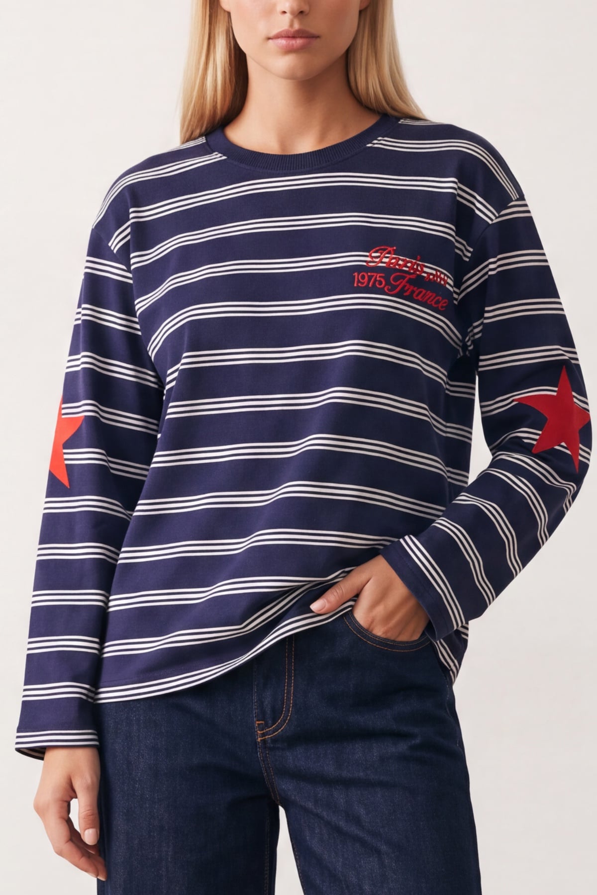 Kadın Lacivert Ribanalı Bisiklet Yaka Oversize Çizgili Sweatshirt Alc-X15947