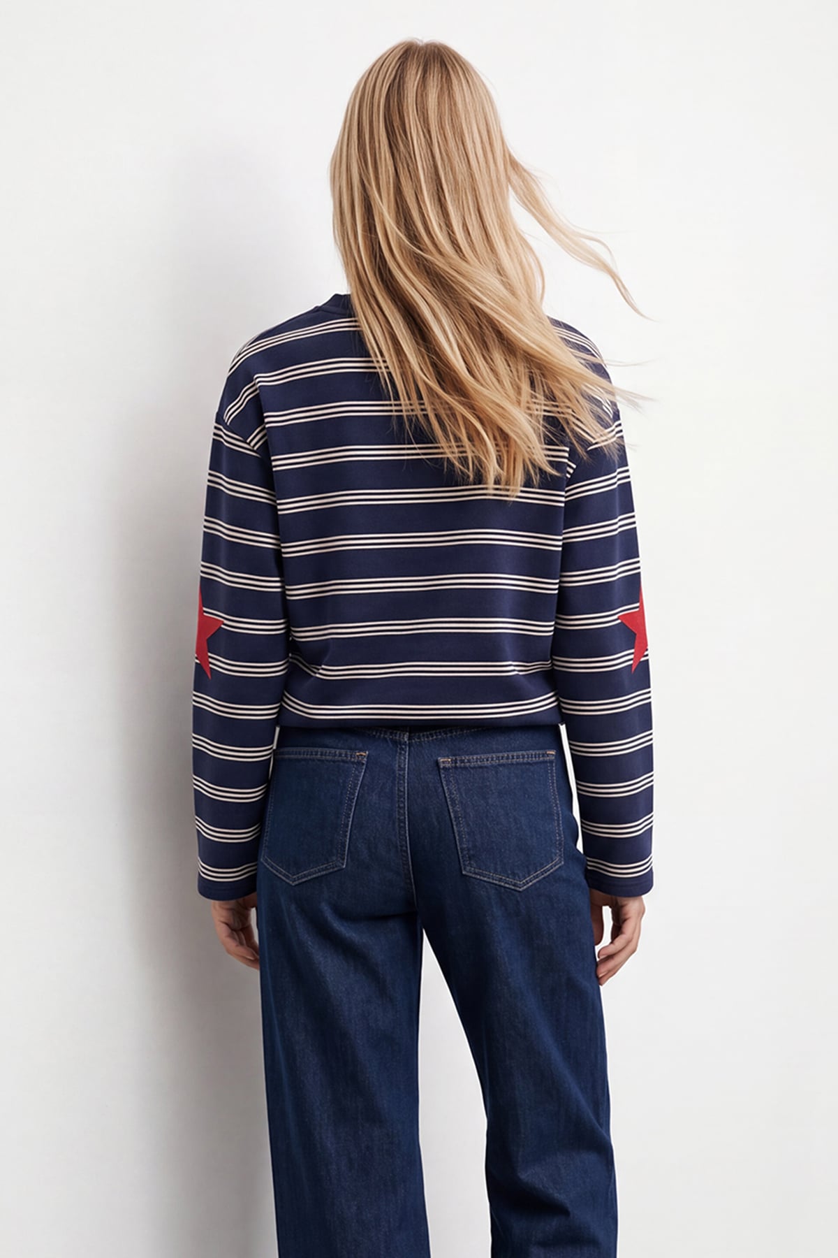 Kadın Lacivert Ribanalı Bisiklet Yaka Oversize Çizgili Sweatshirt Alc-X15947