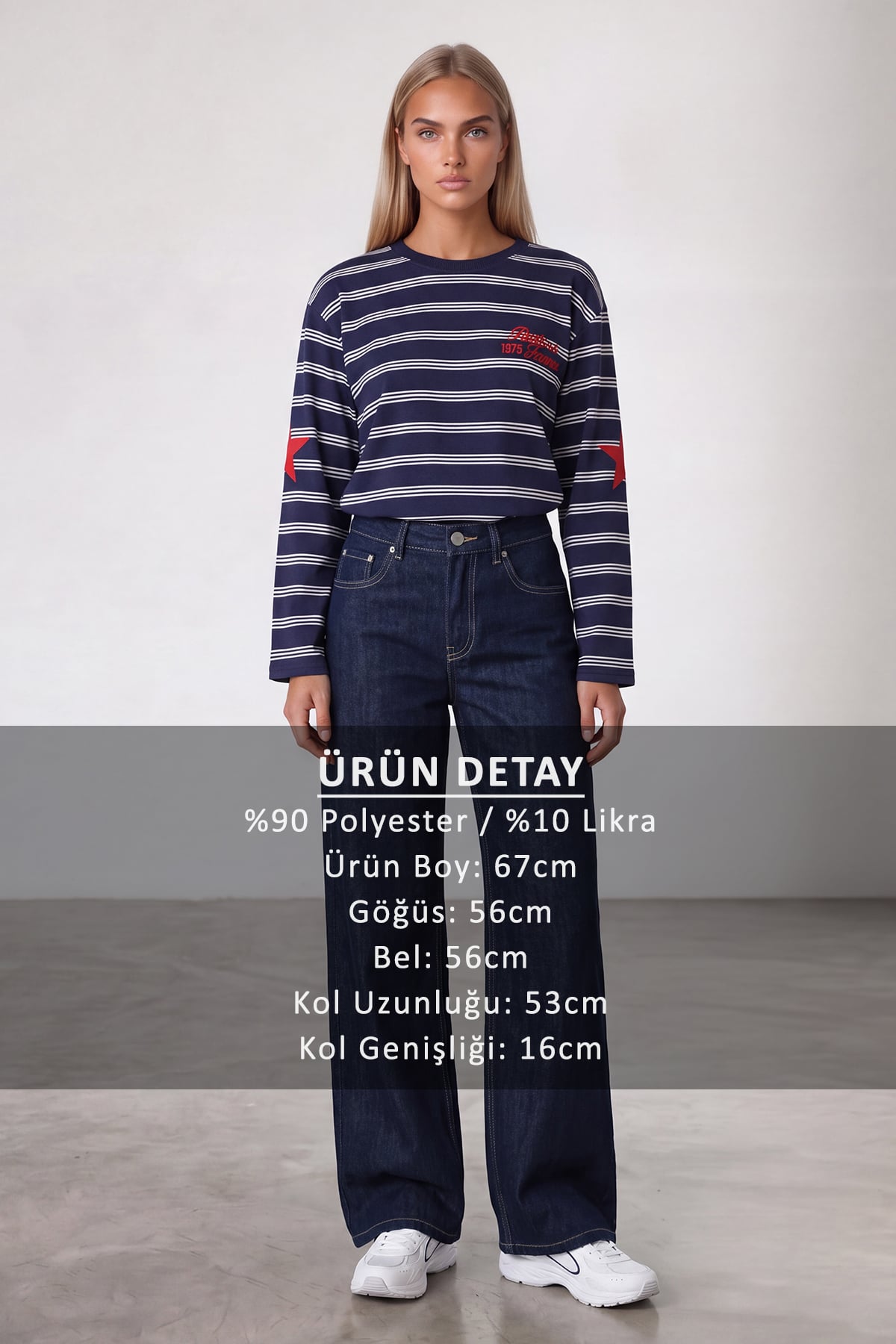 Kadın Lacivert Ribanalı Bisiklet Yaka Oversize Çizgili Sweatshirt Alc-X15947