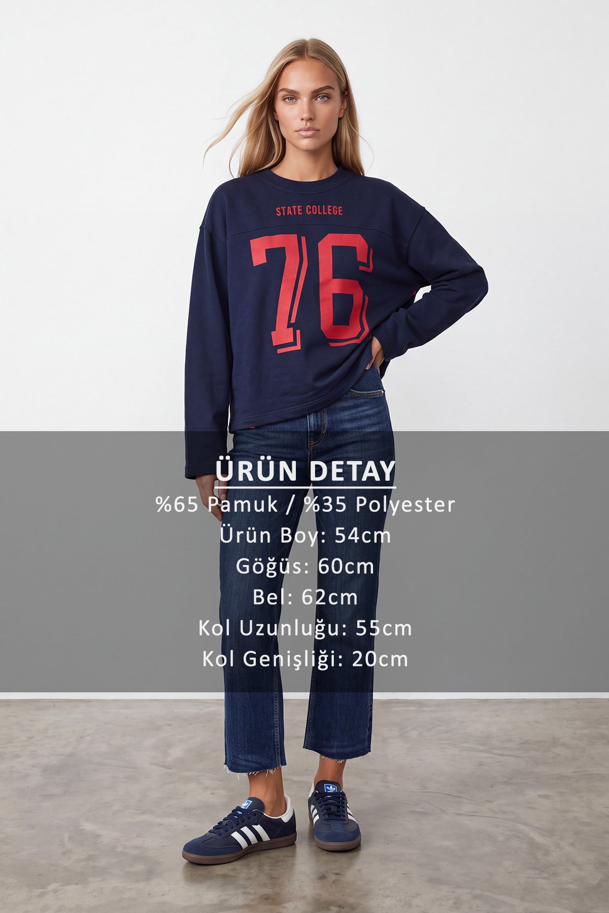 Kadın Lacivert Ribanalı Bisiklet Yaka Ön Arka Baskılı Üç İplik Sweatshirt Alc-X15962