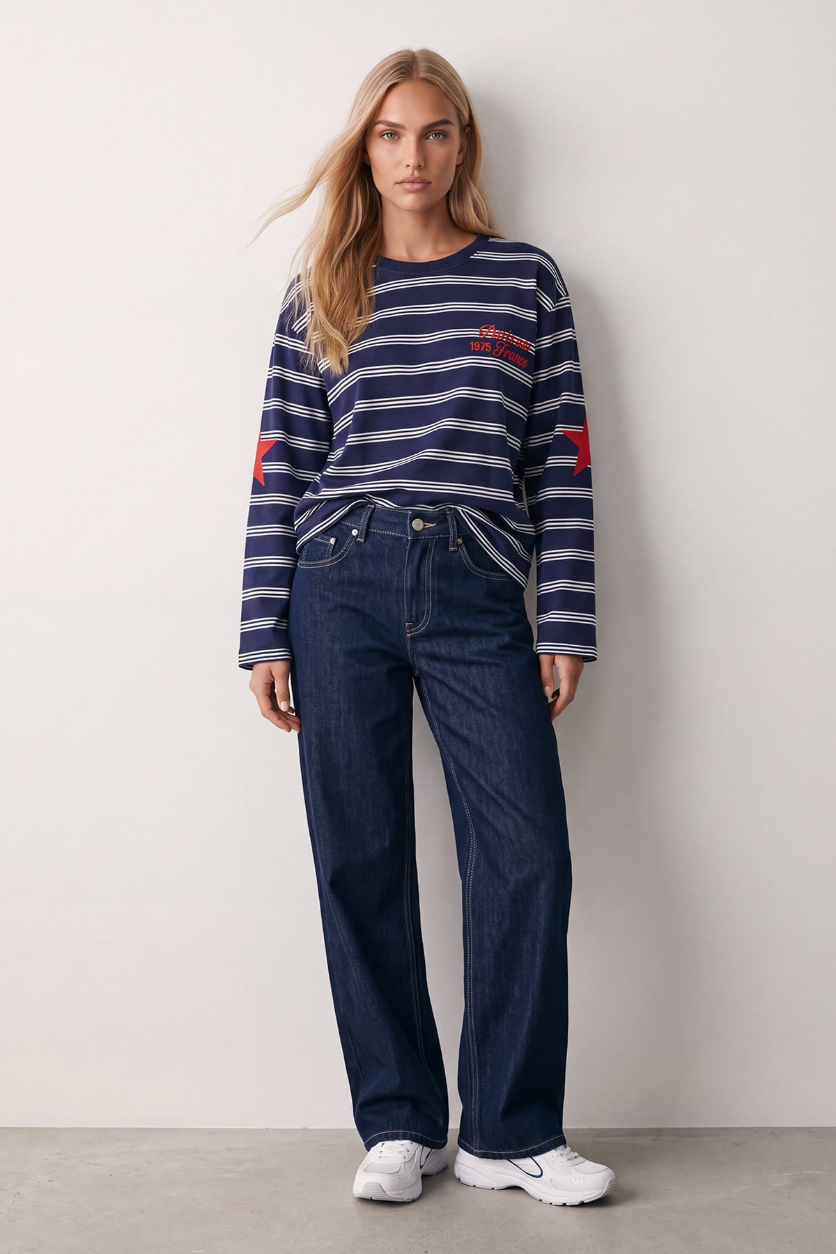 Kadın Lacivert Ribanalı Bisiklet Yaka Oversize Çizgili Sweatshirt Alc-X15947