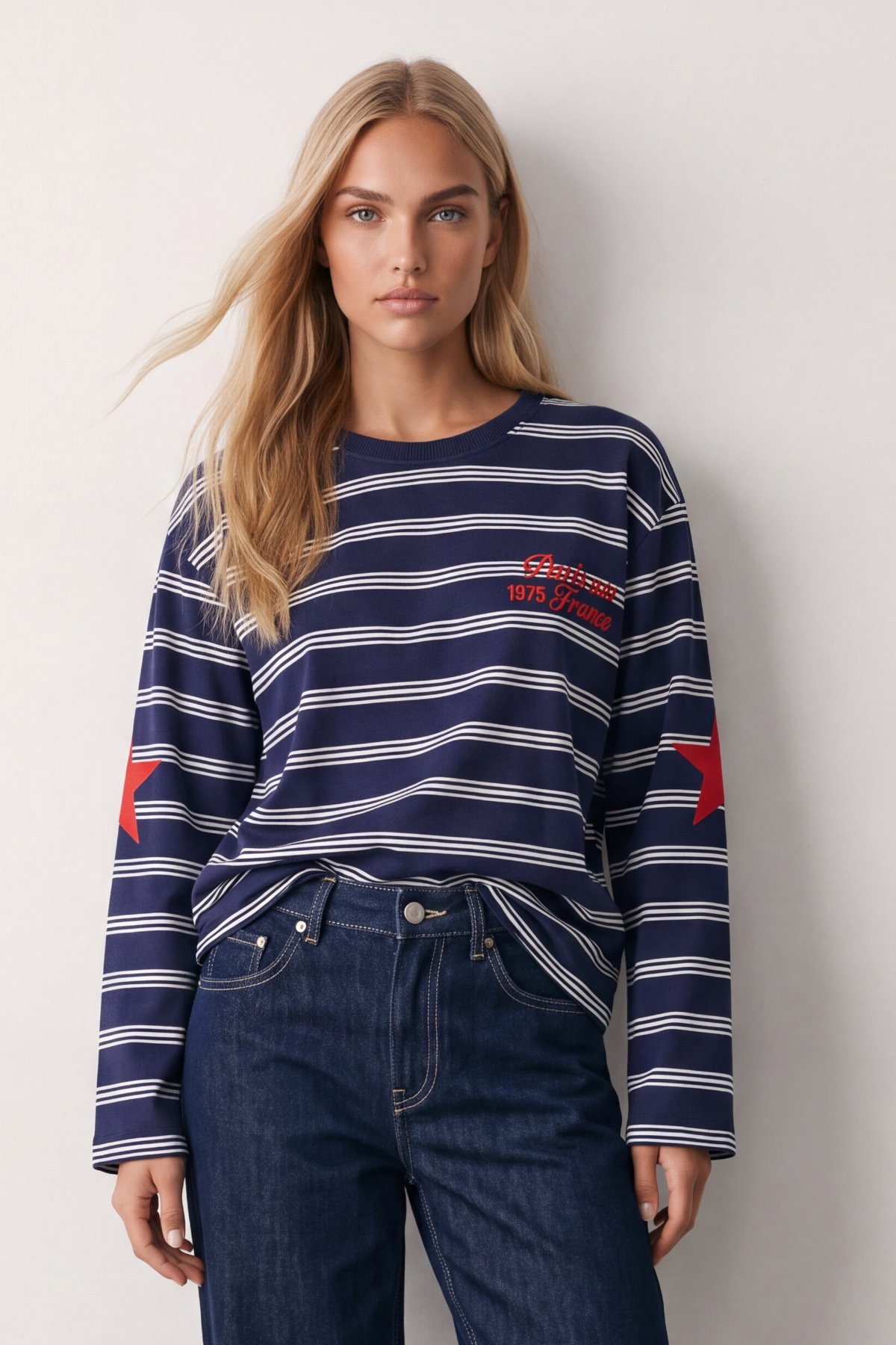 Kadın Lacivert Ribanalı Bisiklet Yaka Oversize Çizgili Sweatshirt Alc-X15947
