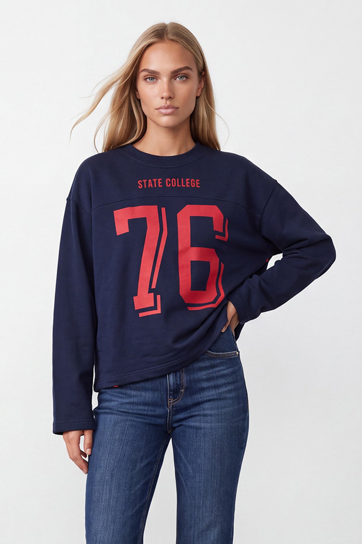 Kadın Lacivert Ribanalı Bisiklet Yaka Ön Arka Baskılı Üç İplik Sweatshirt Alc-X15962