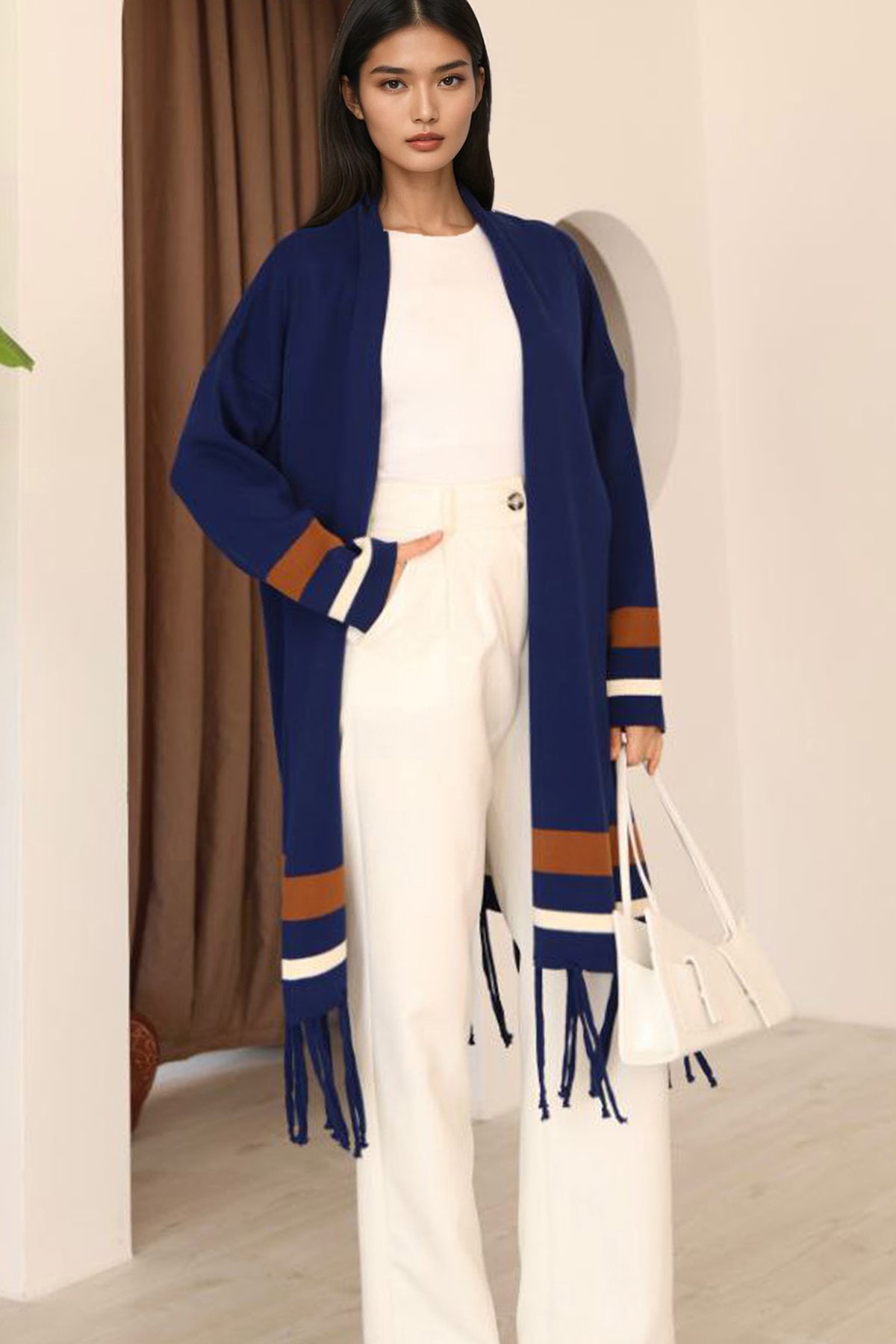 Kadın Lacivert Şerit Detaylı Püsküllü Uzun Hırka Alc-X14745