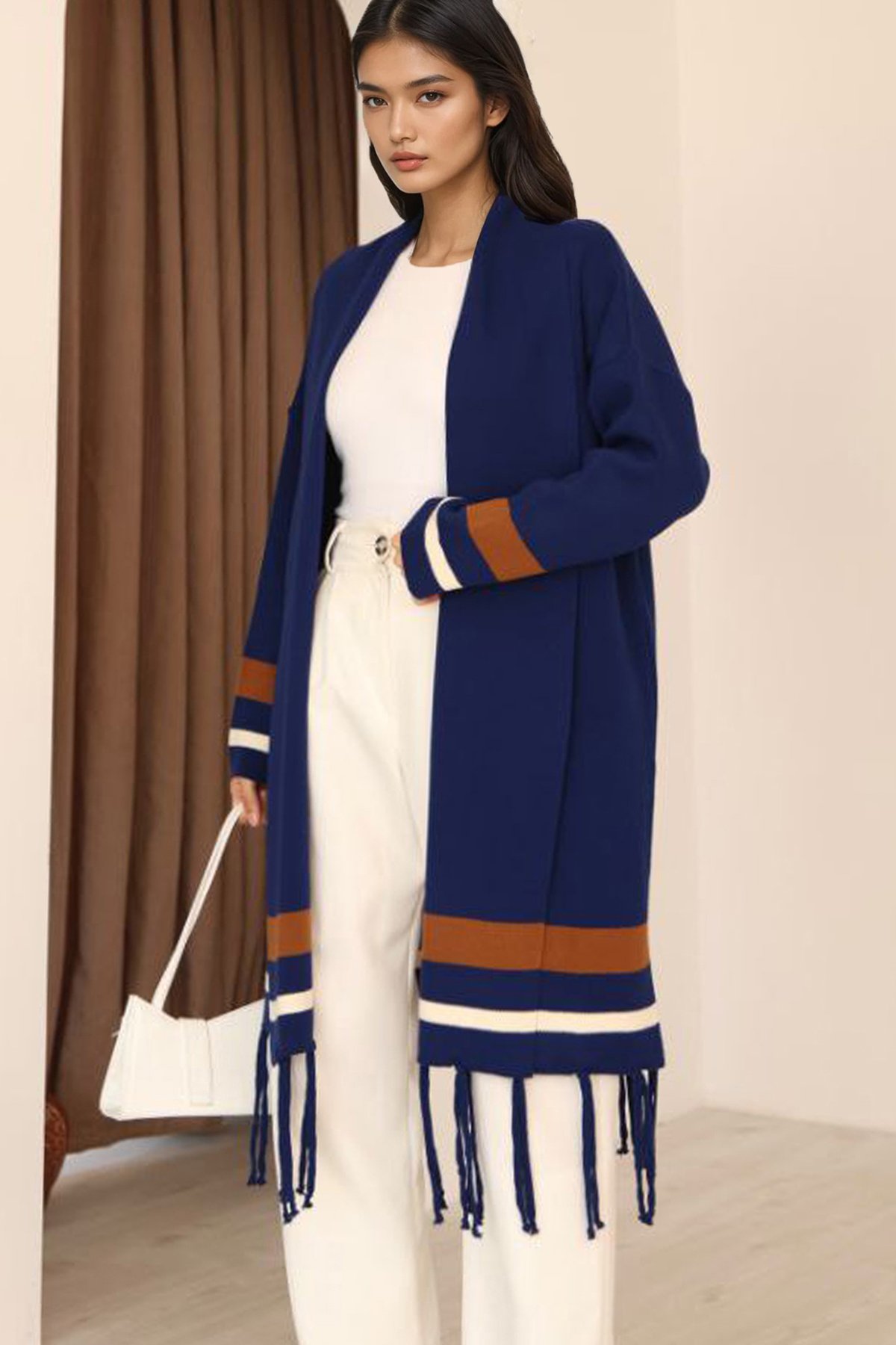 Kadın Lacivert Şerit Detaylı Püsküllü Uzun Hırka Alc-X14745