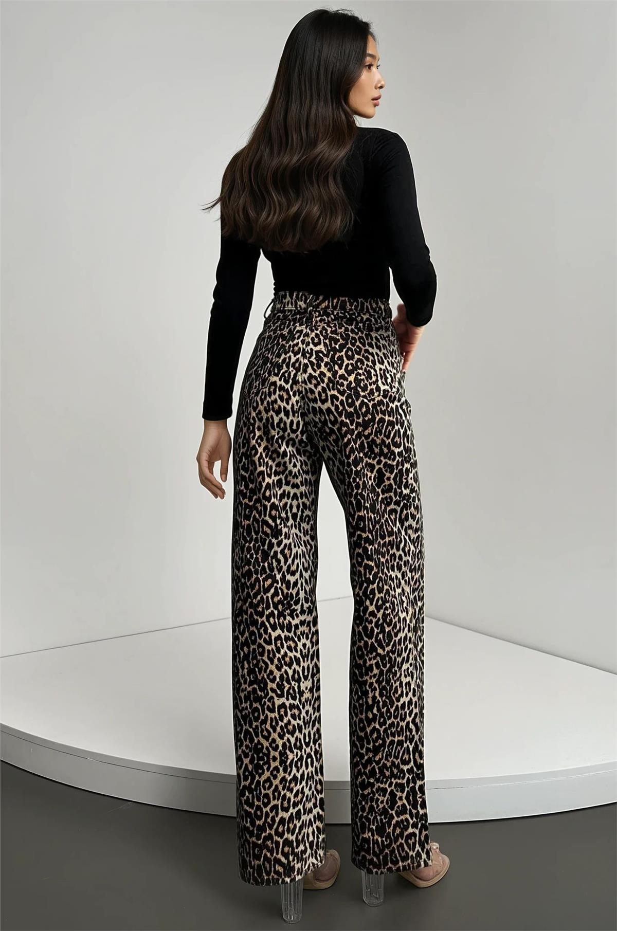 Kadın Leopar Yüksek Bel Desenli Palazzo Jean Pantolon Alc-X14771