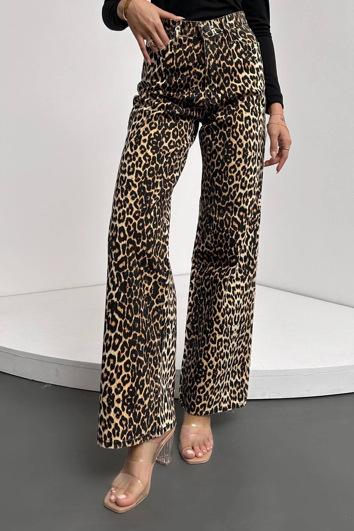 Kadın Leopar Yüksek Bel Desenli Palazzo Jean Pantolon Alc-X14771