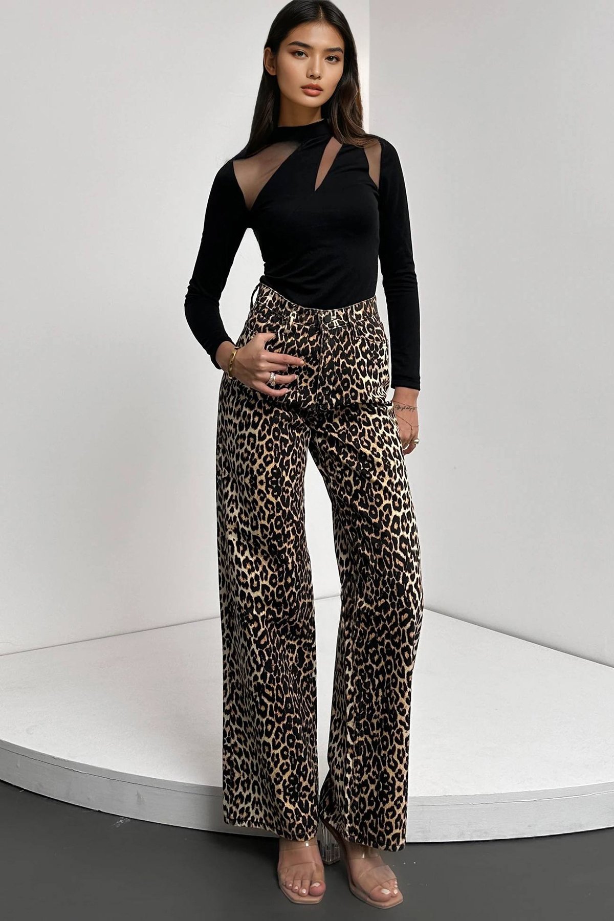 Kadın Leopar Yüksek Bel Desenli Palazzo Jean Pantolon Alc-X14771