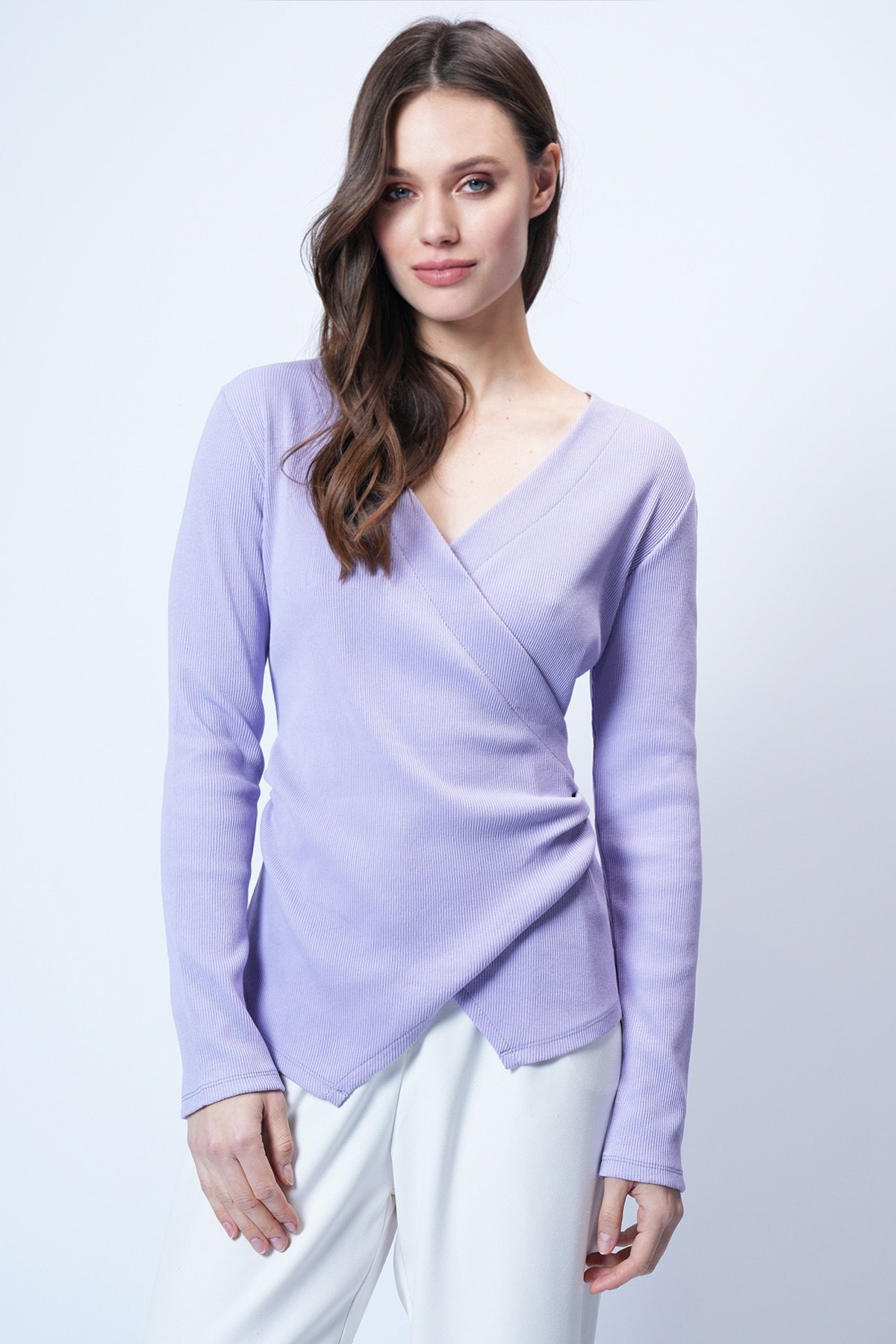 Kadın Lila Kruvaze Kesim Drape Detaylı Bluz Alc-X14707