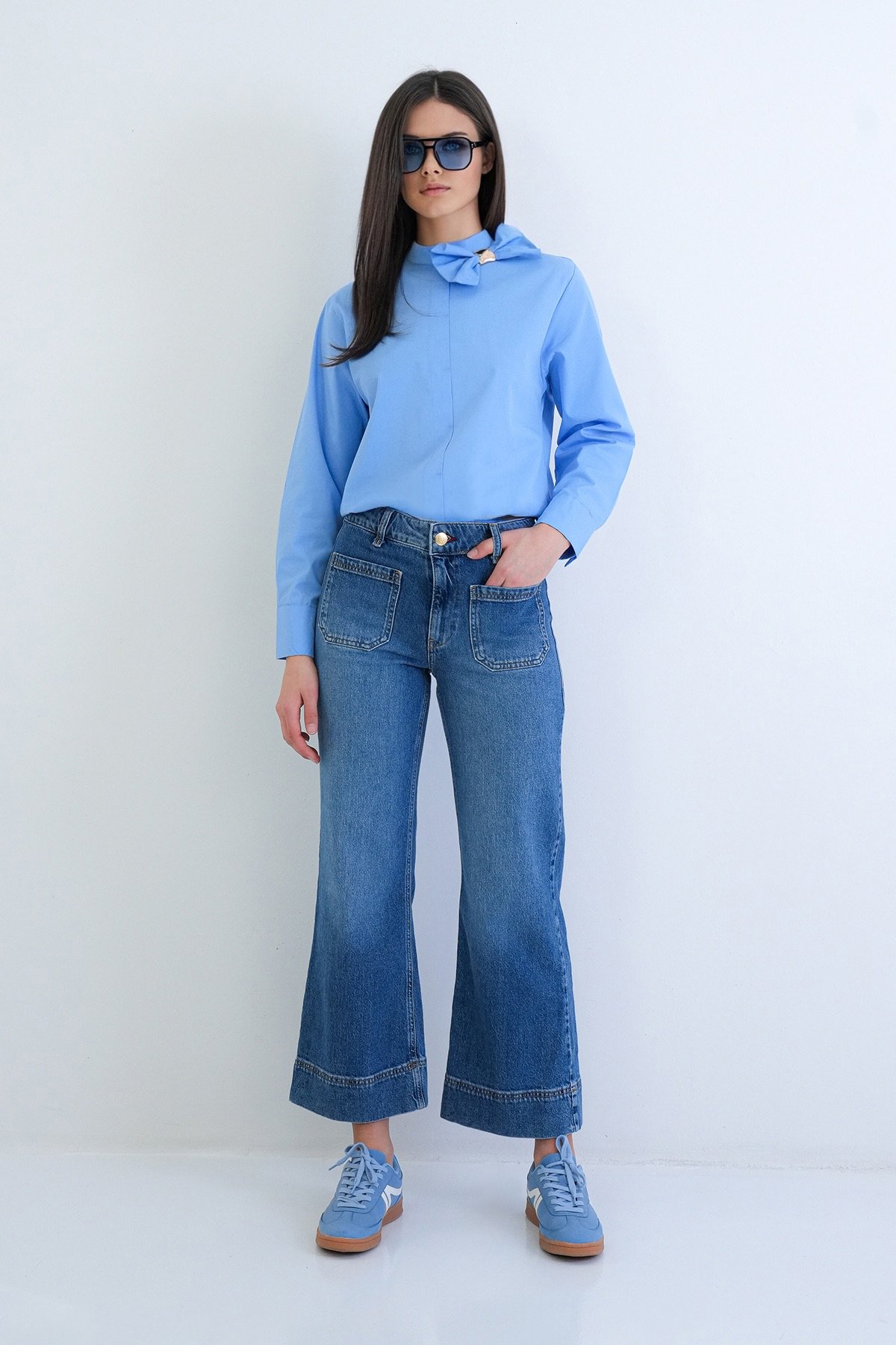 Kadın Mavi Cep Detaylı Katlamalı Paça Yüksek Bel Likralı Jean Pantolon Alc-X15289