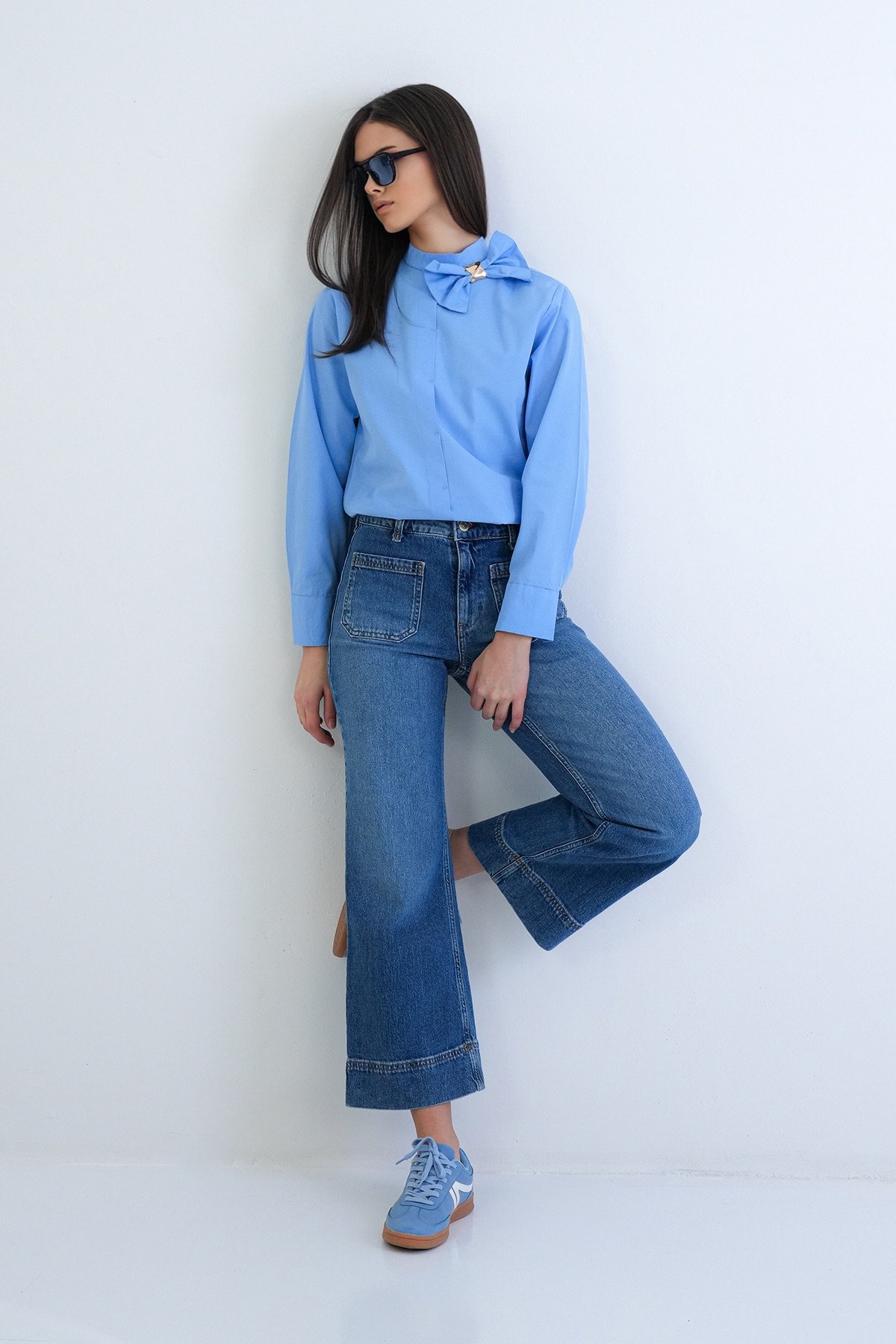 Kadın Mavi Cep Detaylı Katlamalı Paça Yüksek Bel Likralı Jean Pantolon Alc-X15289