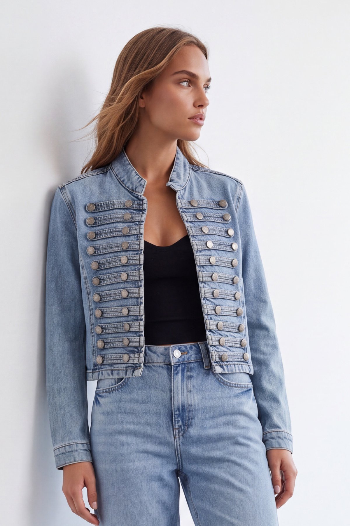 Kadın MAVİ Dar Kesim Düğme Detaylı Denim Ceket ALC-X15653
