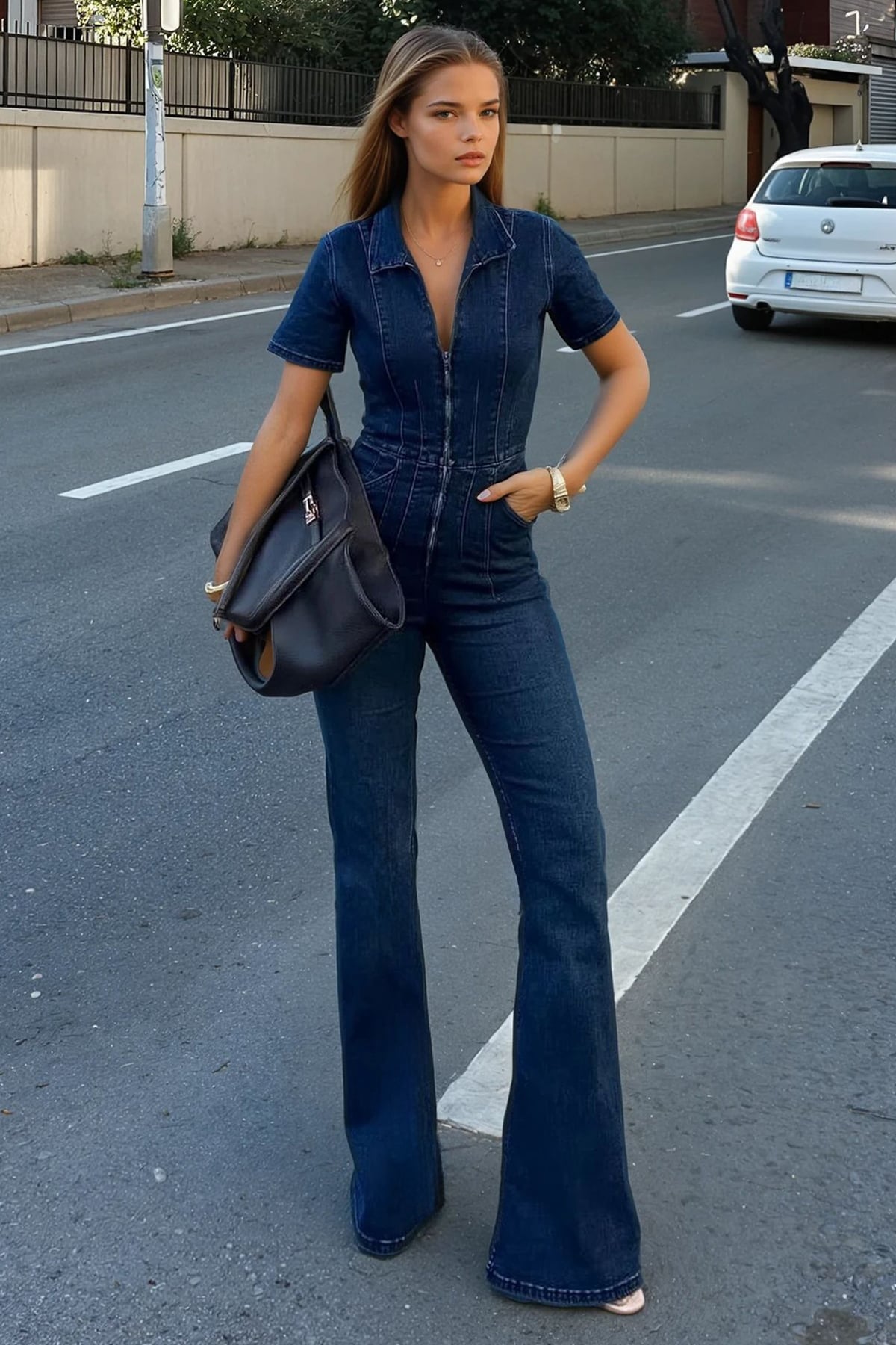 Kadın MAVİ Fermuarlı Kısa Kollu İspanyol Paça Denim tulum VS01719