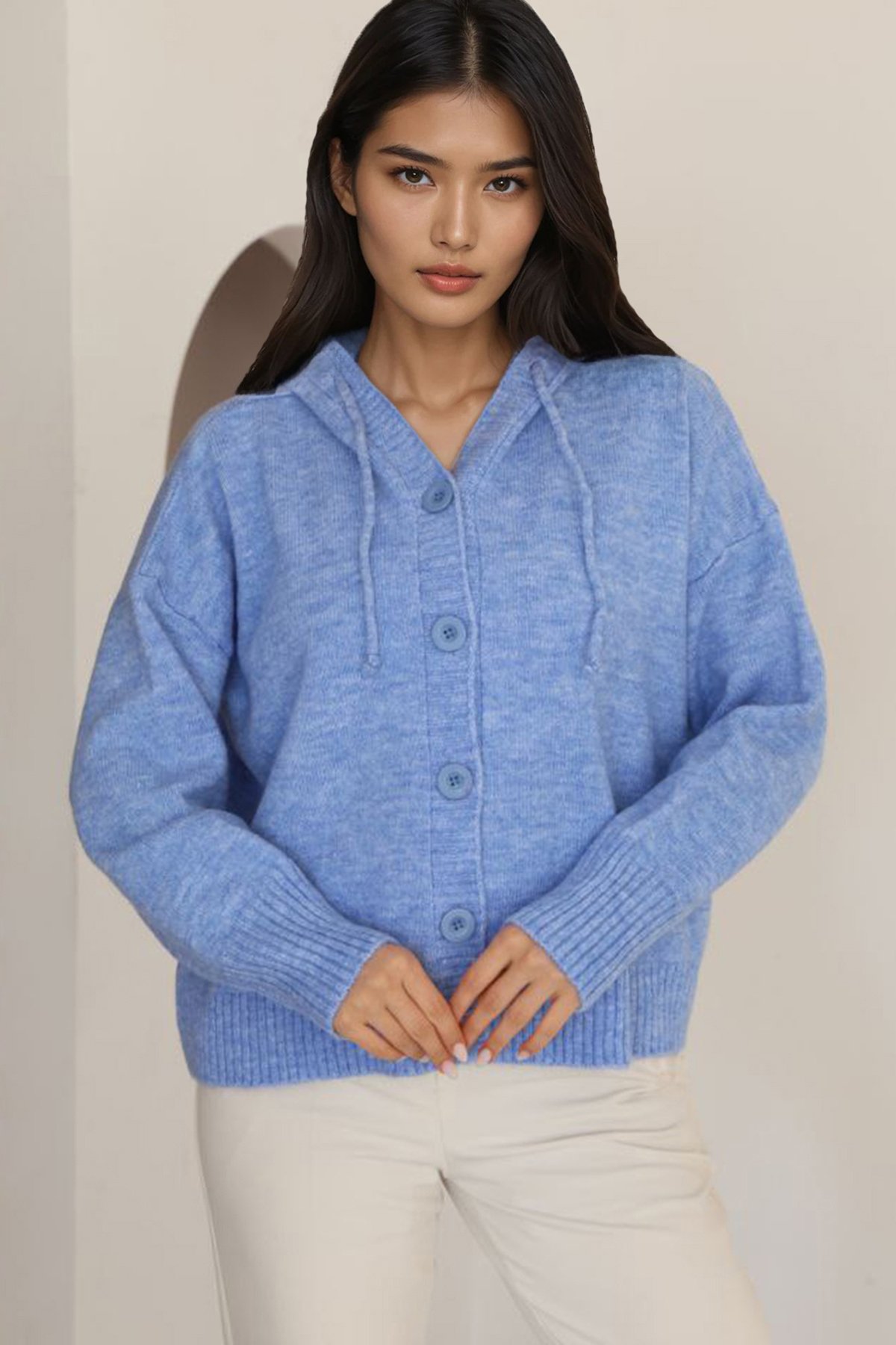 Kadın Mavi Kapüşonlu Triko Hırka Alc-X14743