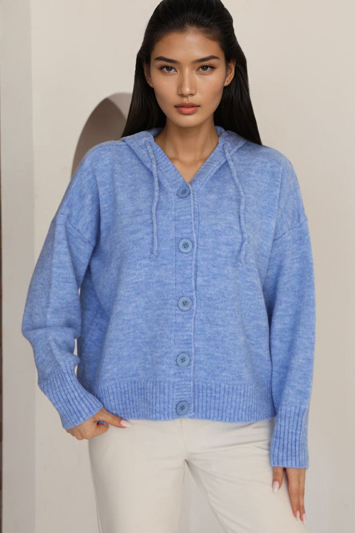 Kadın Mavi Kapüşonlu Triko Hırka Alc-X14743