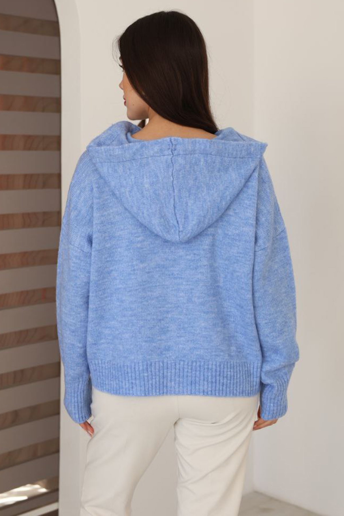 Kadın Mavi Kapüşonlu Triko Hırka Alc-X14743