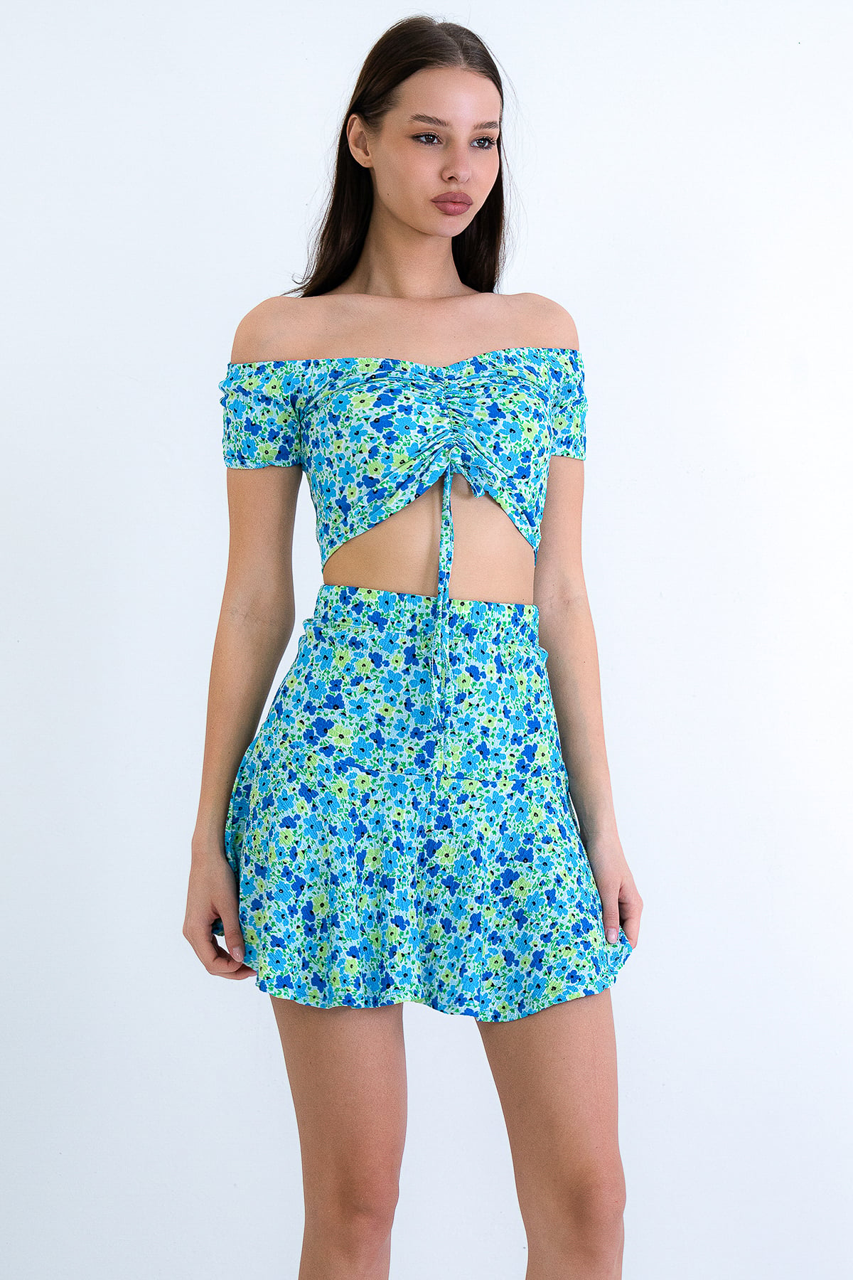 Kadın Mavi Önü Büzgülü Bürümcük Crop Bluz Ve Mini Etek Takım Alc-X15214