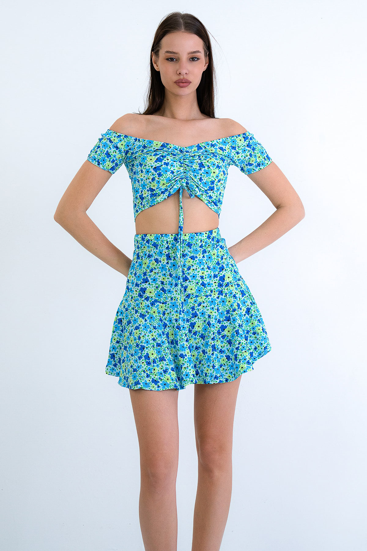 Kadın Mavi Önü Büzgülü Bürümcük Crop Bluz Ve Mini Etek Takım Alc-X15214