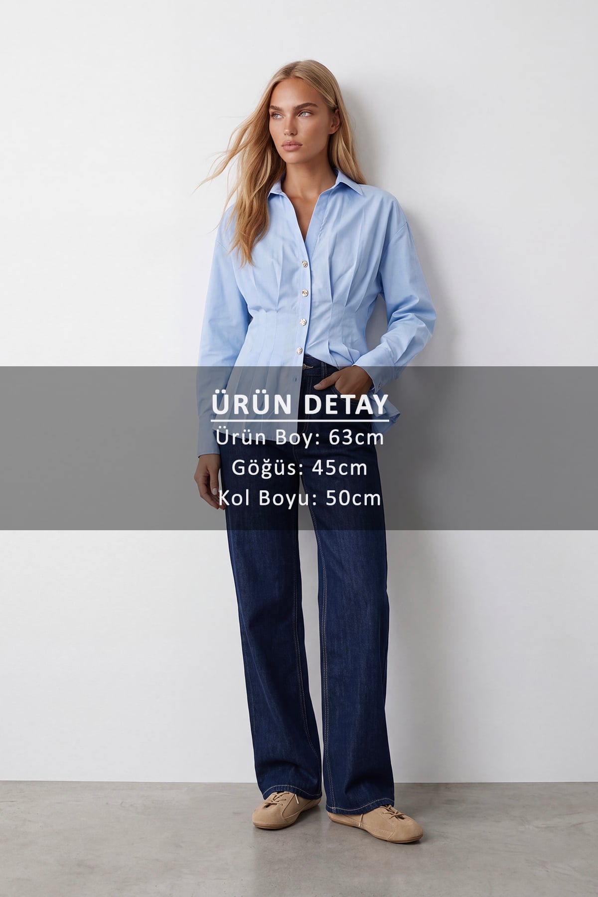 Kadın Mavi Pile Detaylı Belden Oturtmalı Poplin Gömlek Alc-X15628