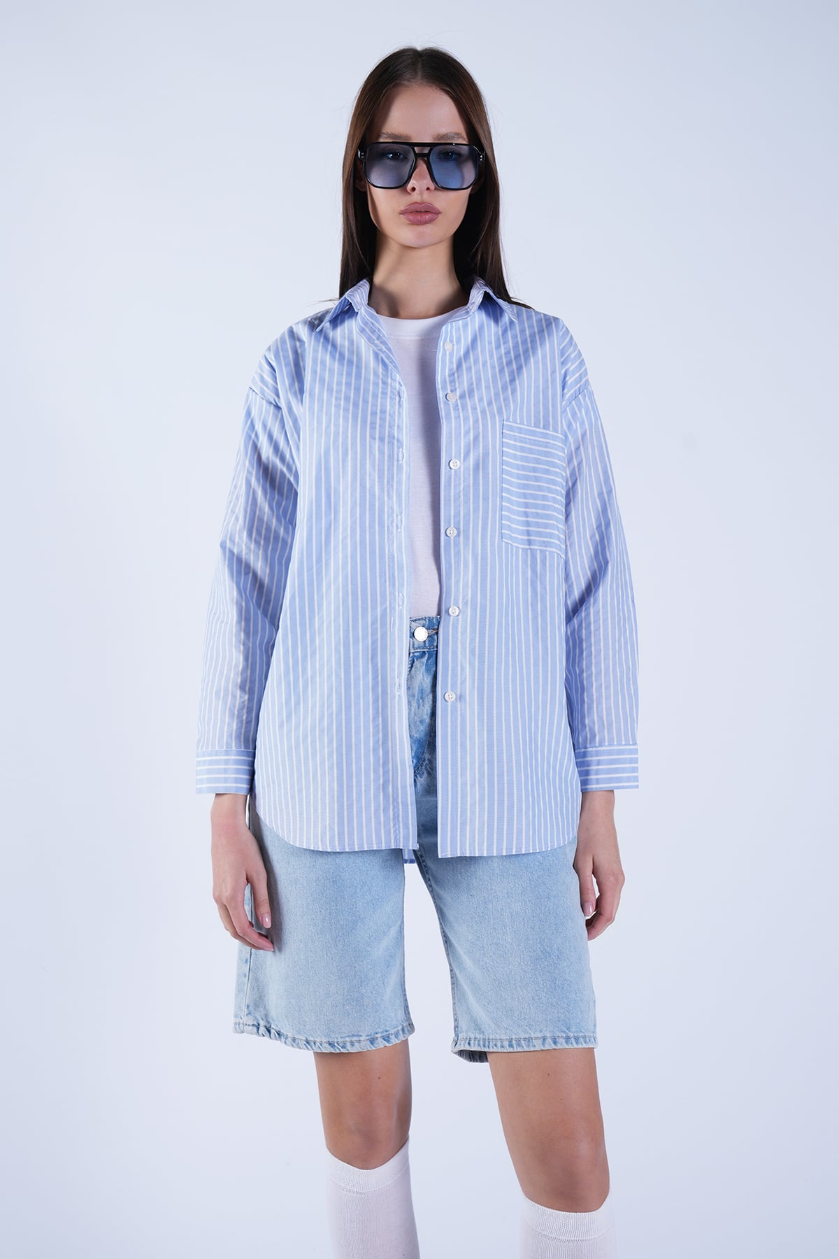 Kadın Mavi Tek Cepli Çizgili Poplin Gömlek Alc-X15122