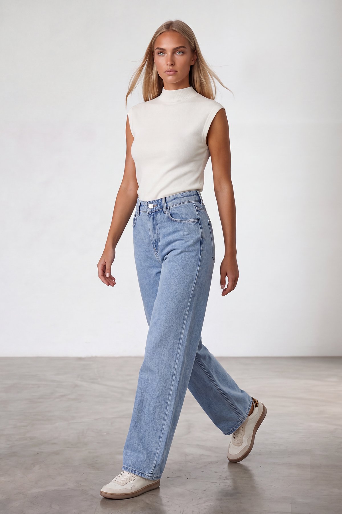 Kadın Mavi Yüksek Bel Bol Paça Wide Leg Jean Pantolon Alc-X15917