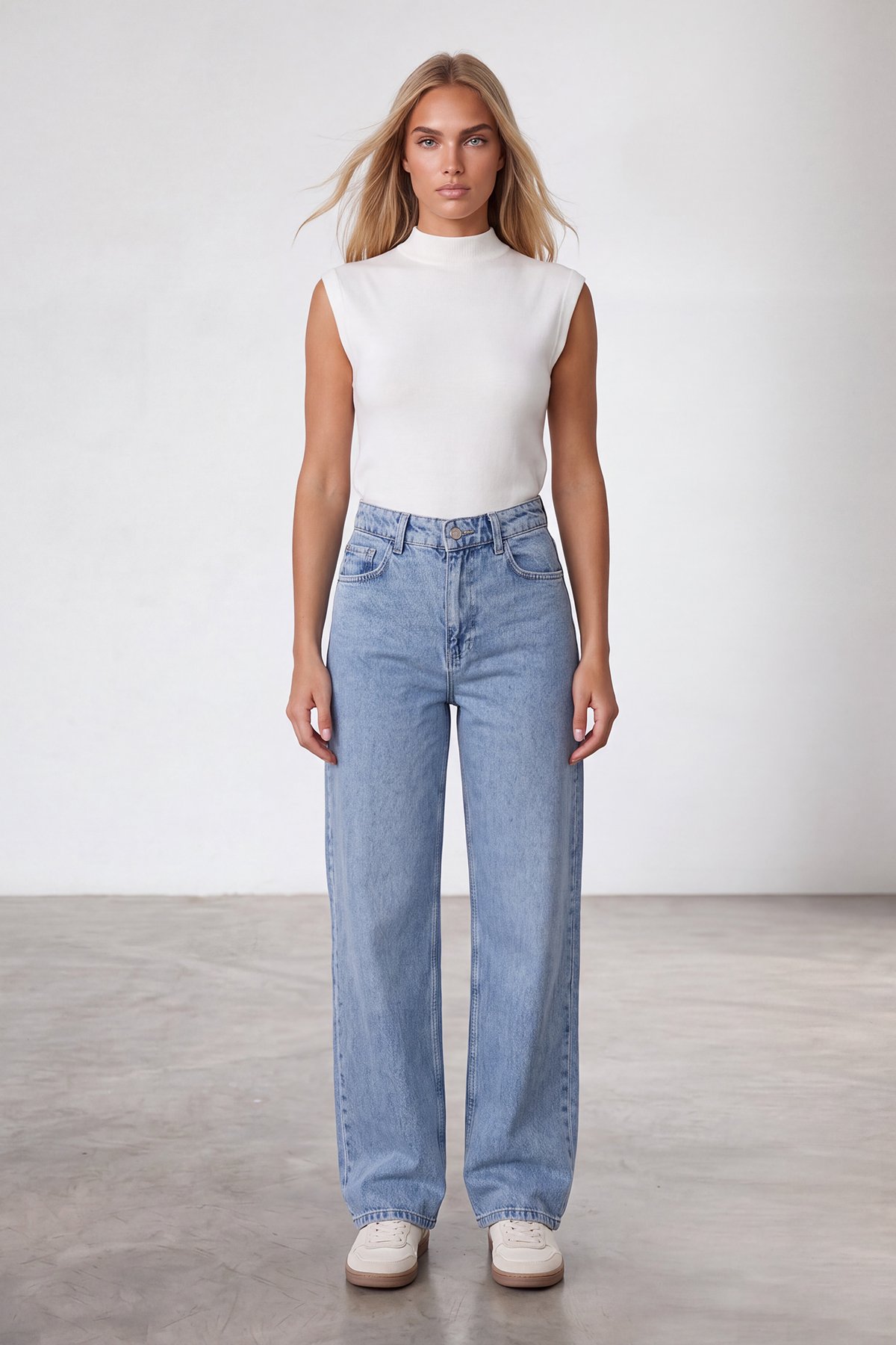 Kadın Mavi Yüksek Bel Bol Paça Wide Leg Jean Pantolon Alc-X15917