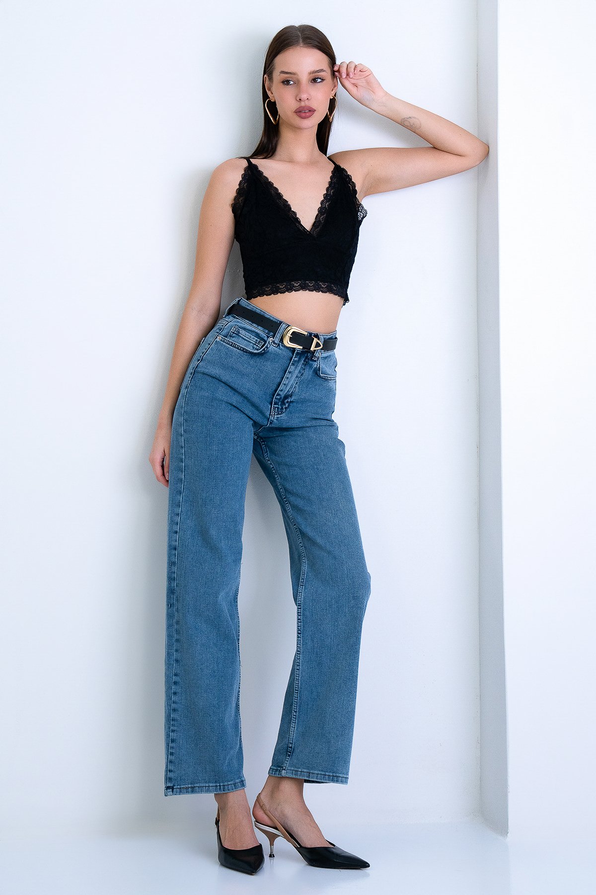 Kadın MAVİ YÜKSEK BEL GENİŞ PAÇA JEAN PANTOLON ALC-X15158