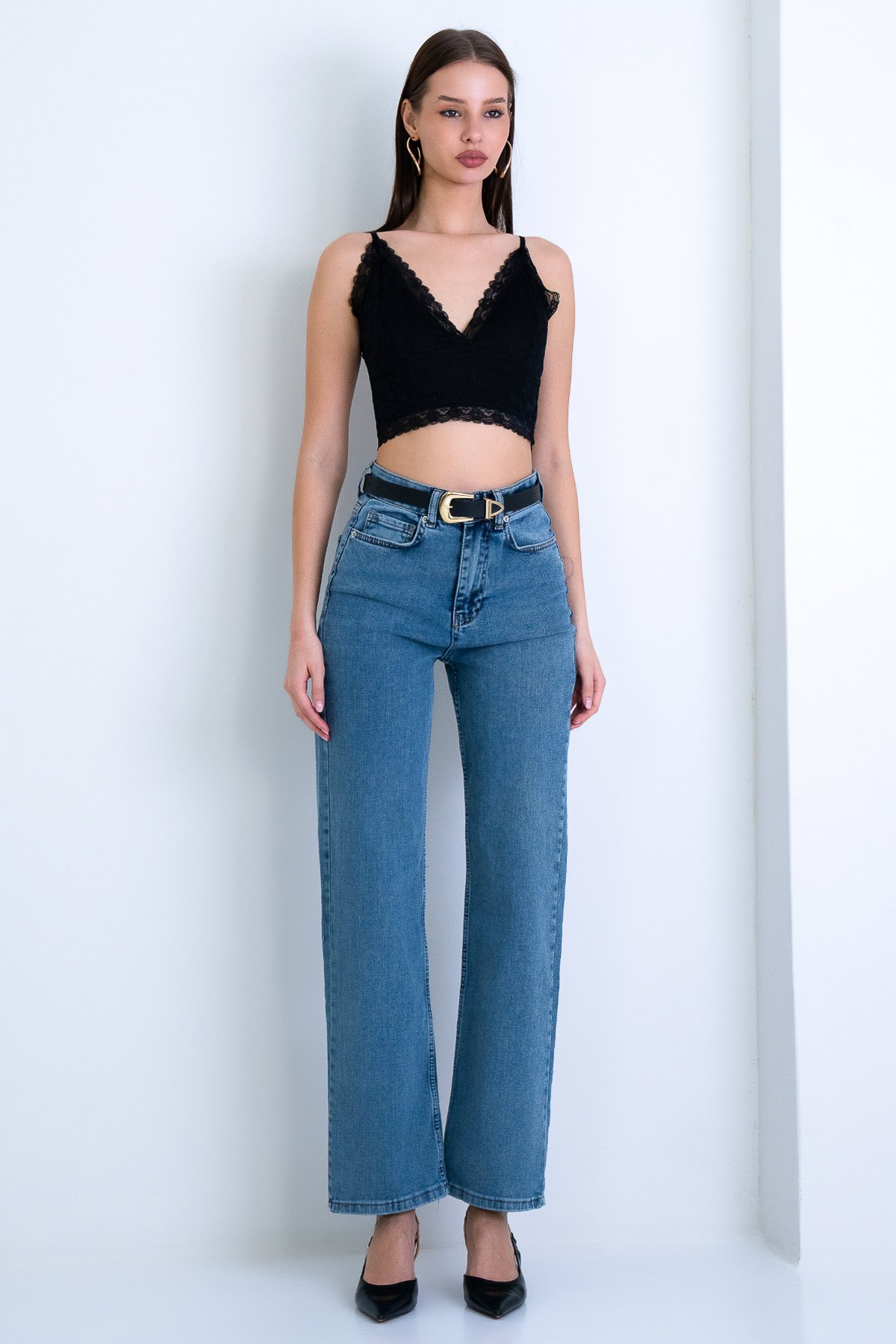 Kadın MAVİ YÜKSEK BEL GENİŞ PAÇA JEAN PANTOLON ALC-X15158