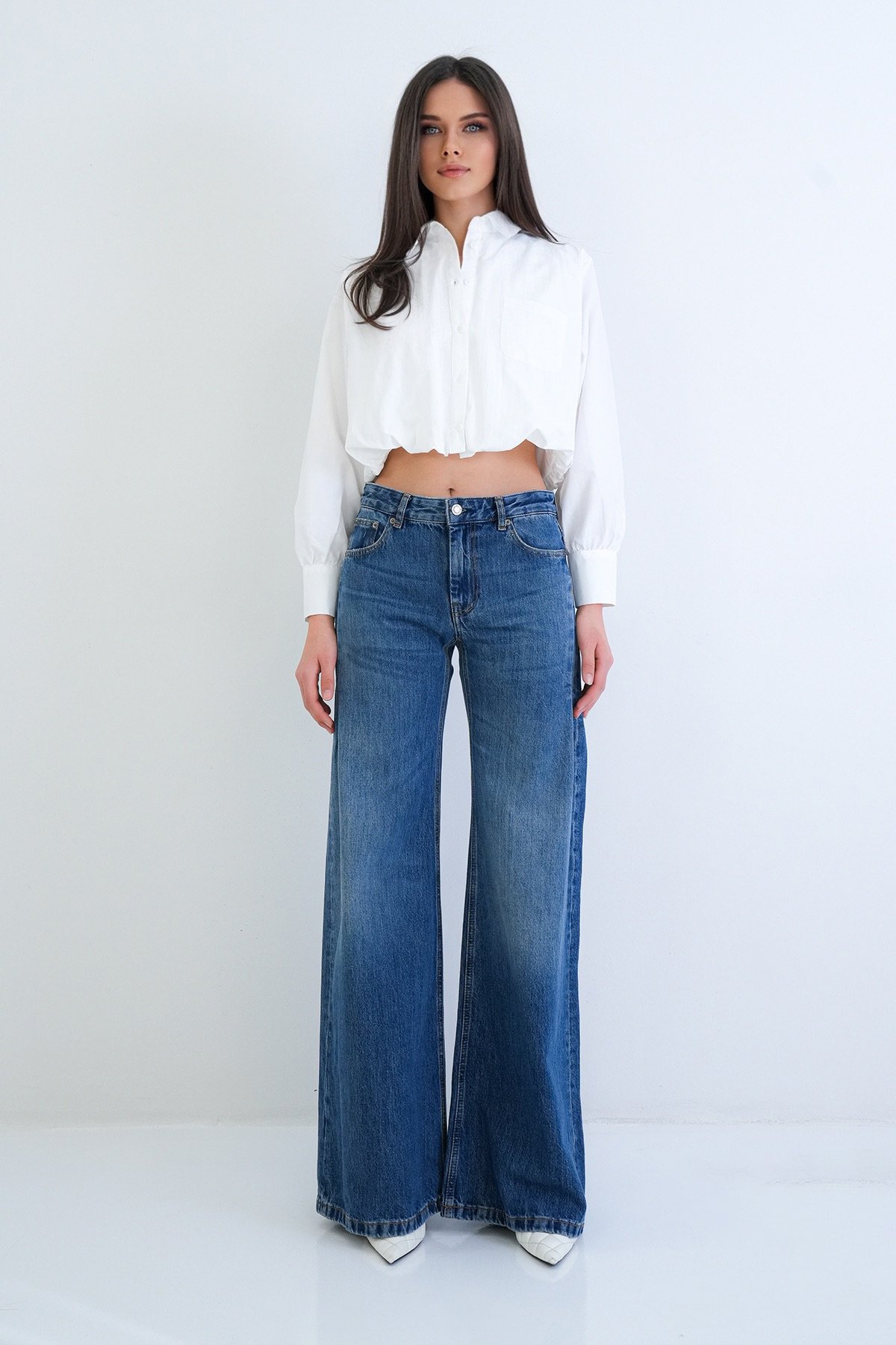 Kadın Mavi Yüksek Bel Likralı Dikiş Detaylı Geniş Paça Yıkamalı Jean Pantolon Alc-X15287