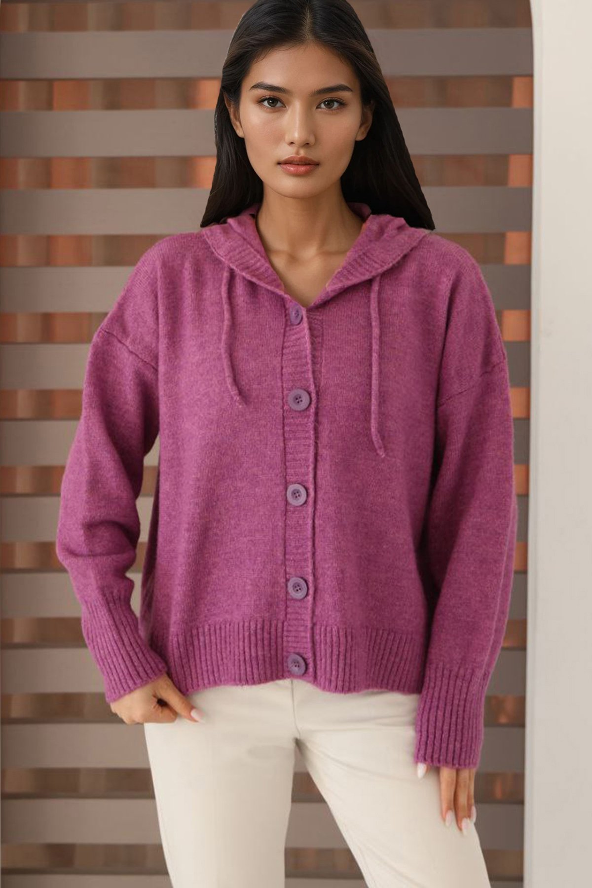 Kadın Mor Kapüşonlu Triko Hırka Alc-X14743