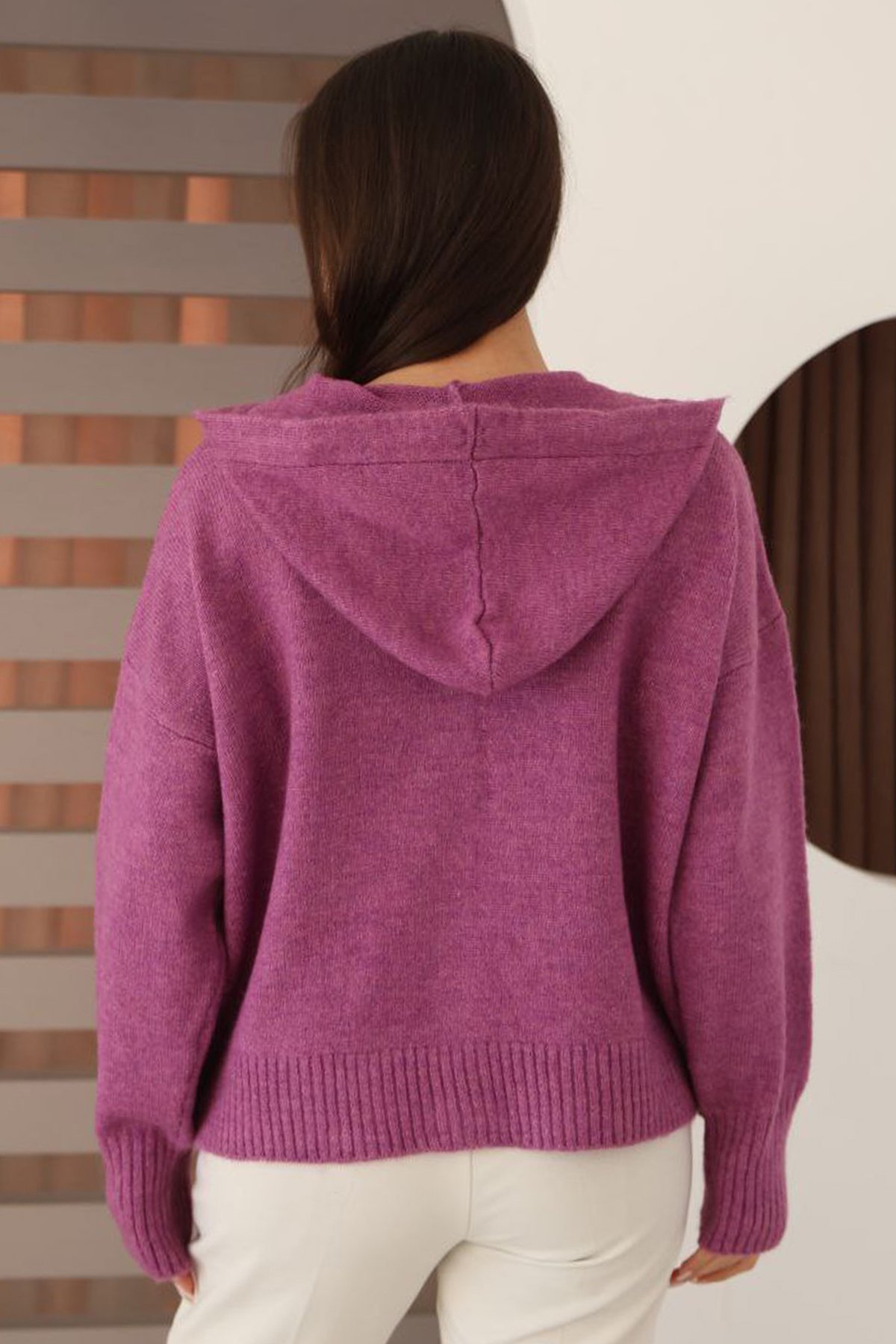Kadın Mor Kapüşonlu Triko Hırka Alc-X14743
