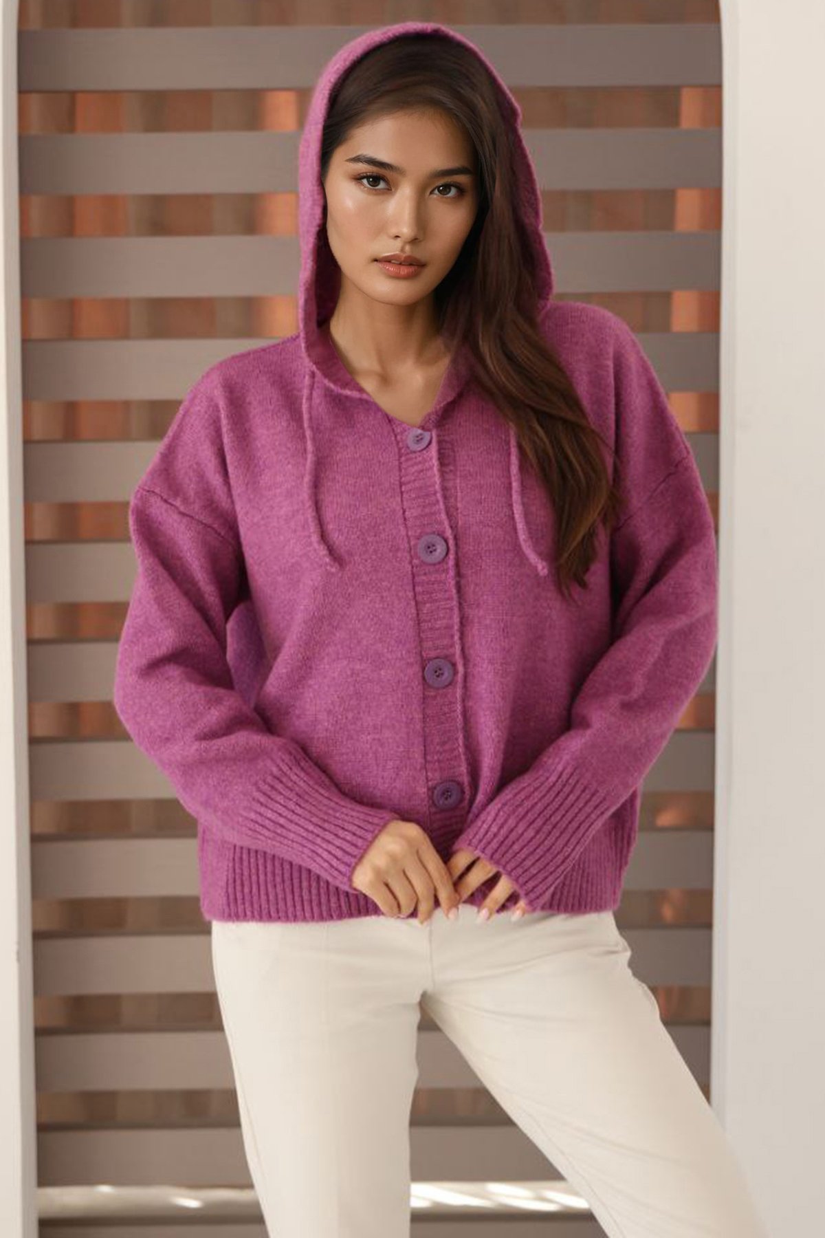 Kadın Mor Kapüşonlu Triko Hırka Alc-X14743