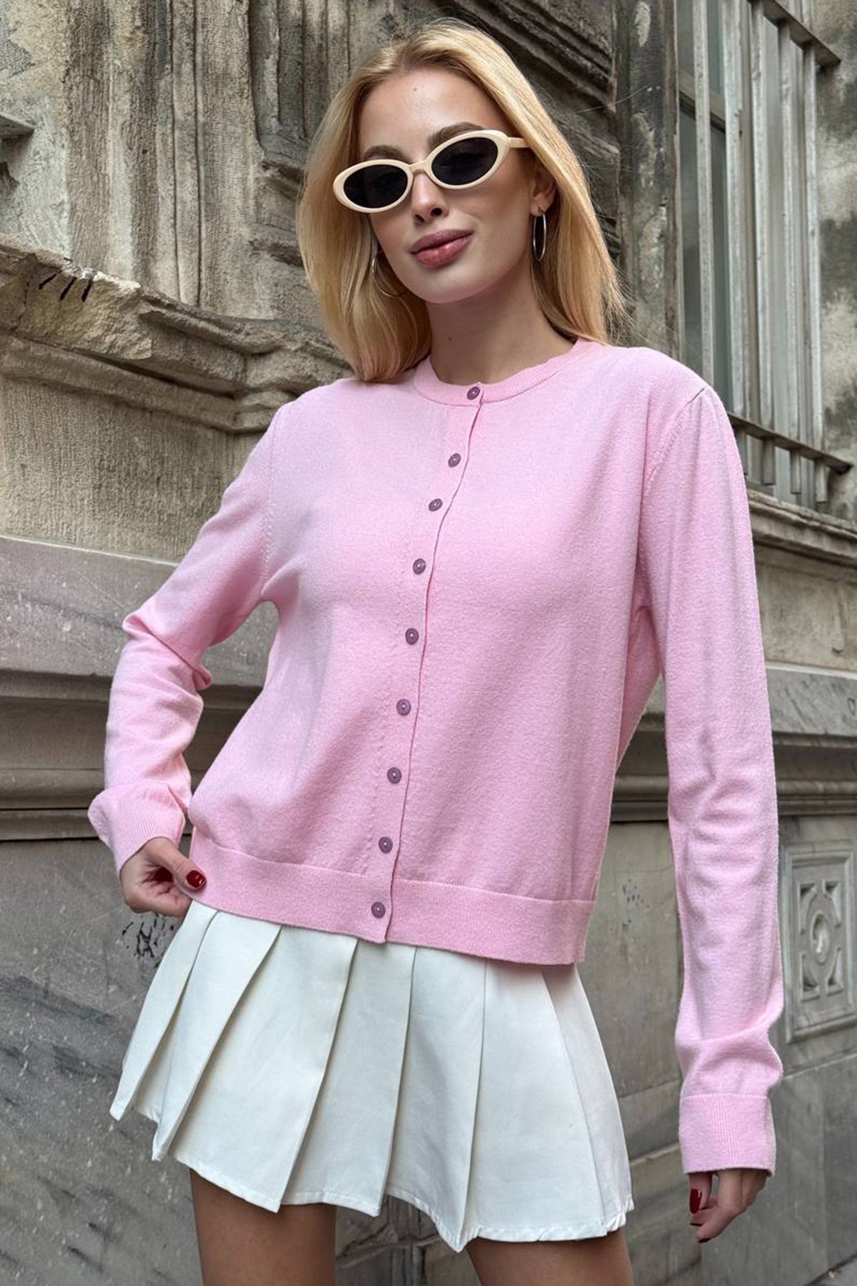 Kadın PEMBE Bisiklet Yaka Düğmeli Triko Hırka VS01640