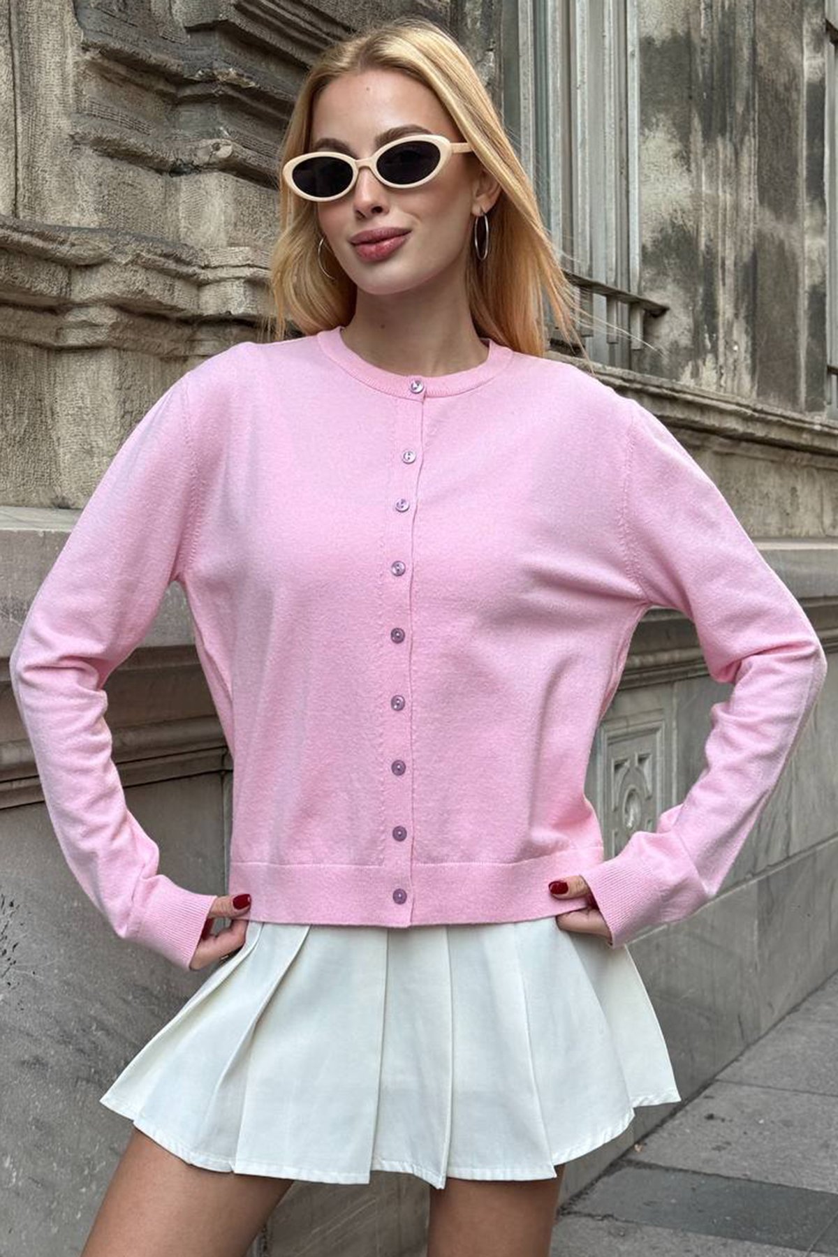 Kadın PEMBE Bisiklet Yaka Düğmeli Triko Hırka VS01640