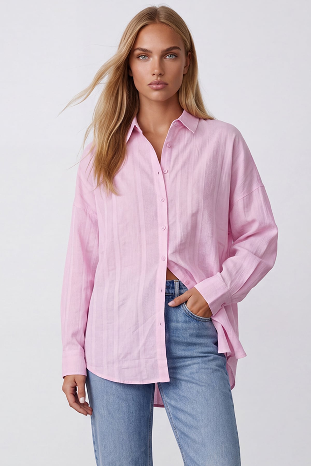 Kadın PEMBE Jakarlı Oversize Dokuma Gömlek ALC-X15629