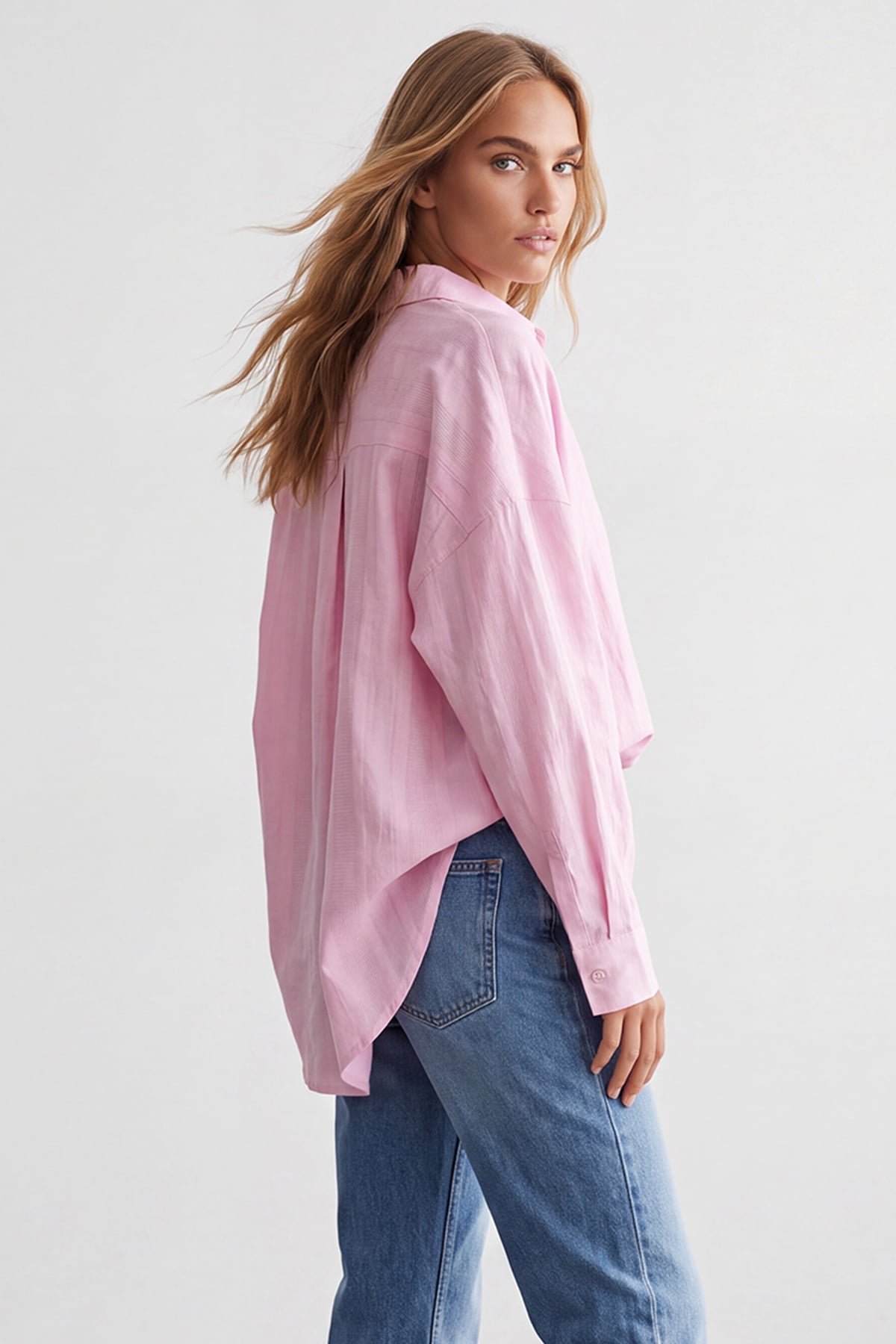 Kadın PEMBE Jakarlı Oversize Dokuma Gömlek ALC-X15629