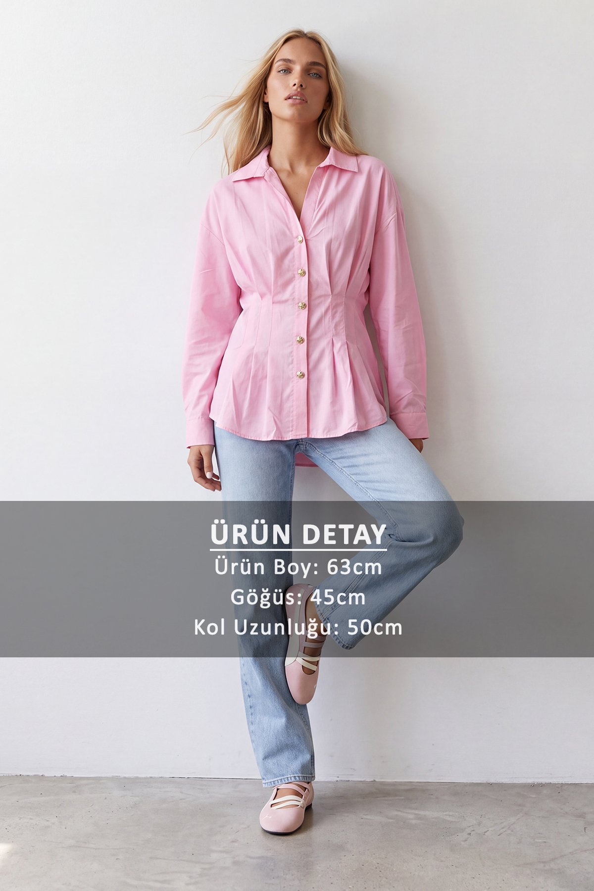 Kadın Pembe Pile Detaylı Belden Oturtmalı Poplin Gömlek Alc-X15628