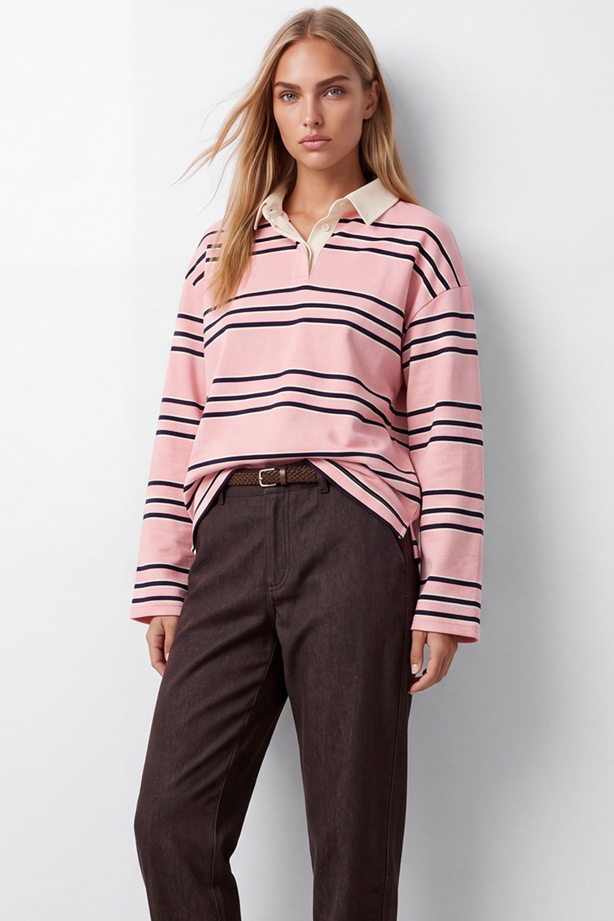 Kadın Pembe Polo Yaka Çizgili Sweatshirt Alc-X15948