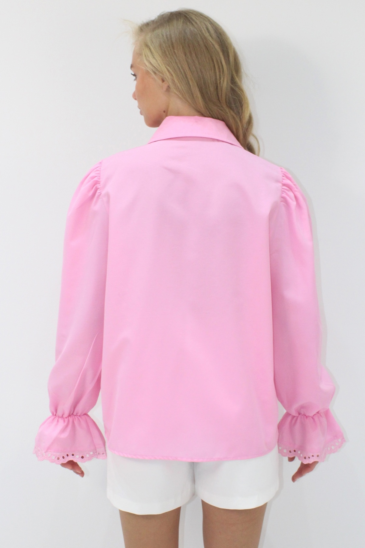 Kadın Pembe Prenses Kol Güpür Nakışlı Dokuma Gömlek Alc-X7829