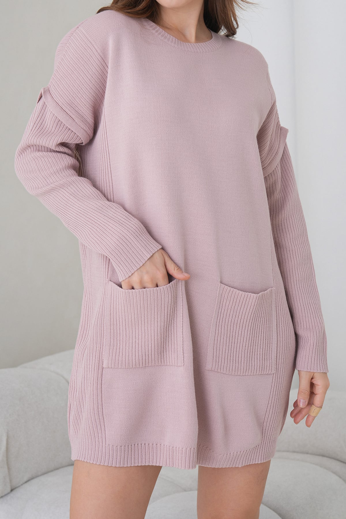 Kadın Pembe Ribanalı Bisiklet Yaka Mini Triko Elbise Alc-X14902