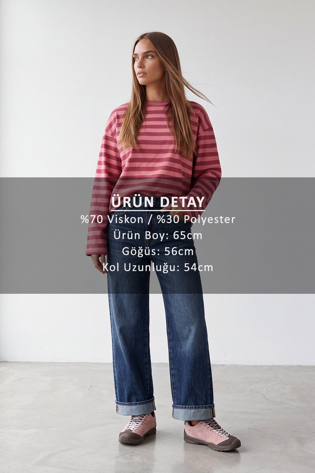Kadın PUDRA PEMBE Ribana Bisiklet Yakalı Çizgili Oversize Sweatshirt ALC-X15870