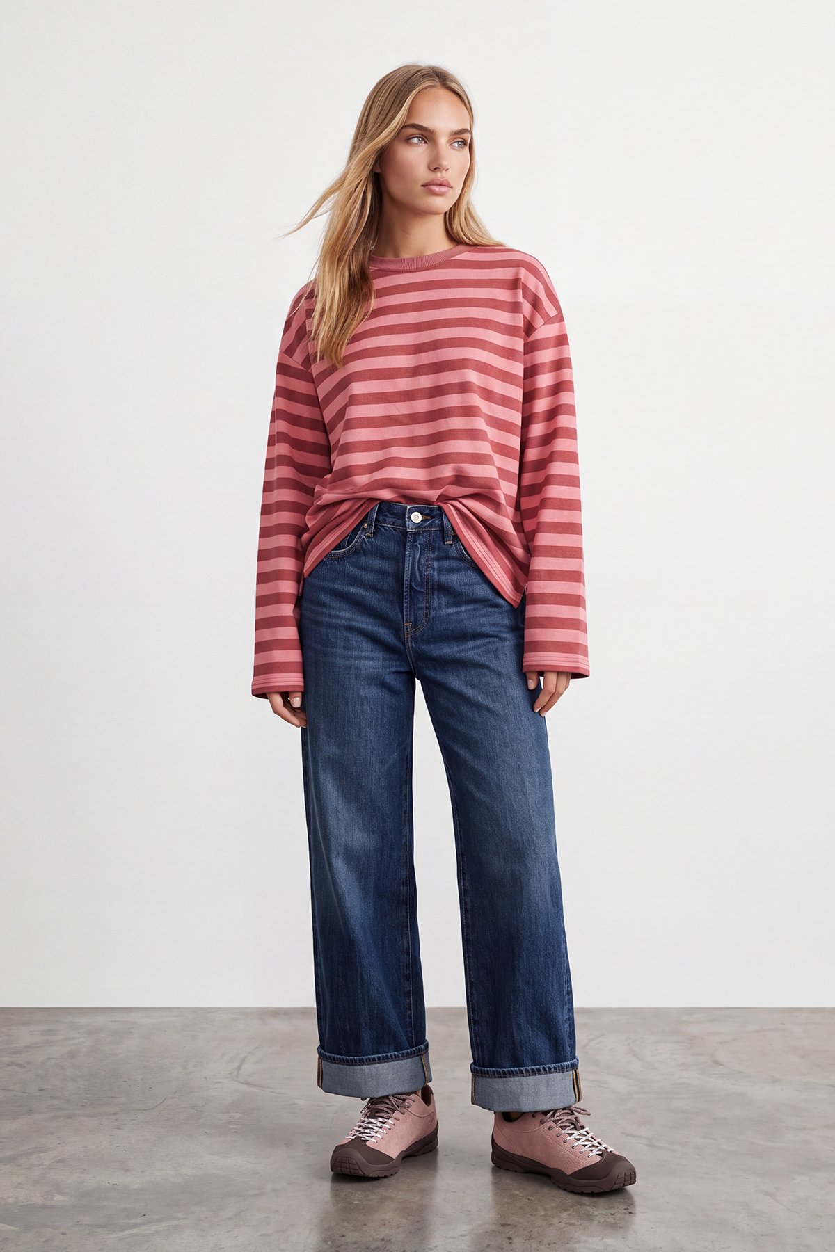 Kadın PUDRA PEMBE Ribana Bisiklet Yakalı Çizgili Oversize Sweatshirt ALC-X15870