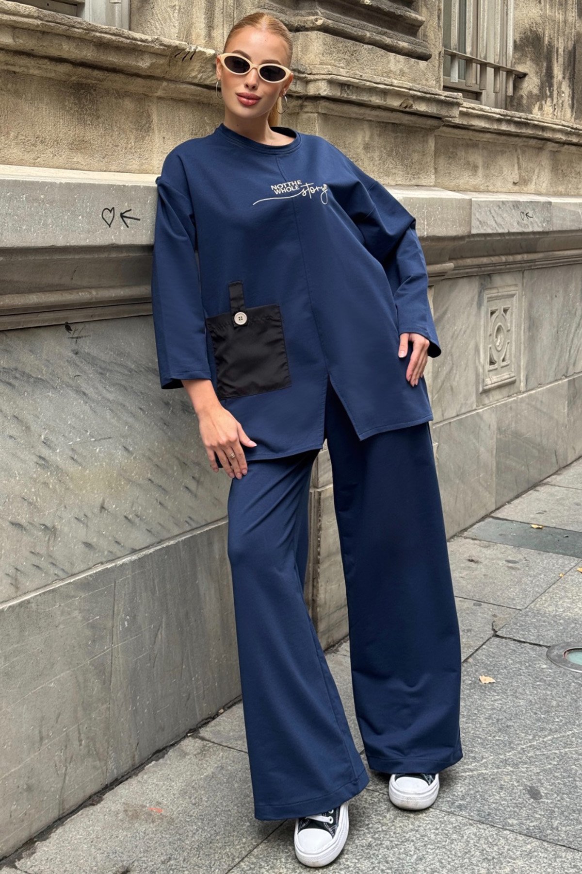 Kadın Saks Yazı Baskılı Cep Detaylı Salaş İkili Takım VS01585