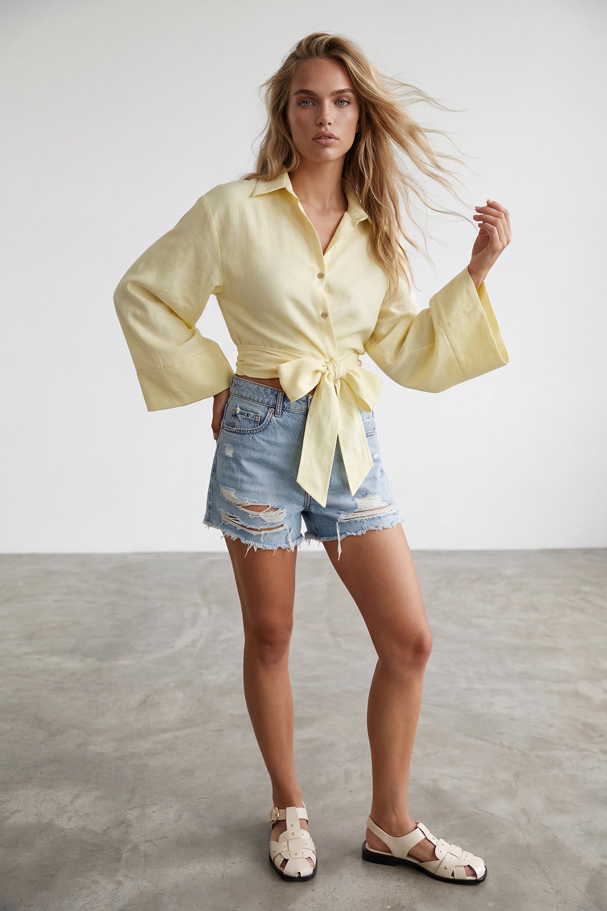 Kadın SARI GENİŞ MANŞETLİ KOL DETAYLI ÖNÜ BAĞLAMALI KETEN GÖMLEK ALC-X15424